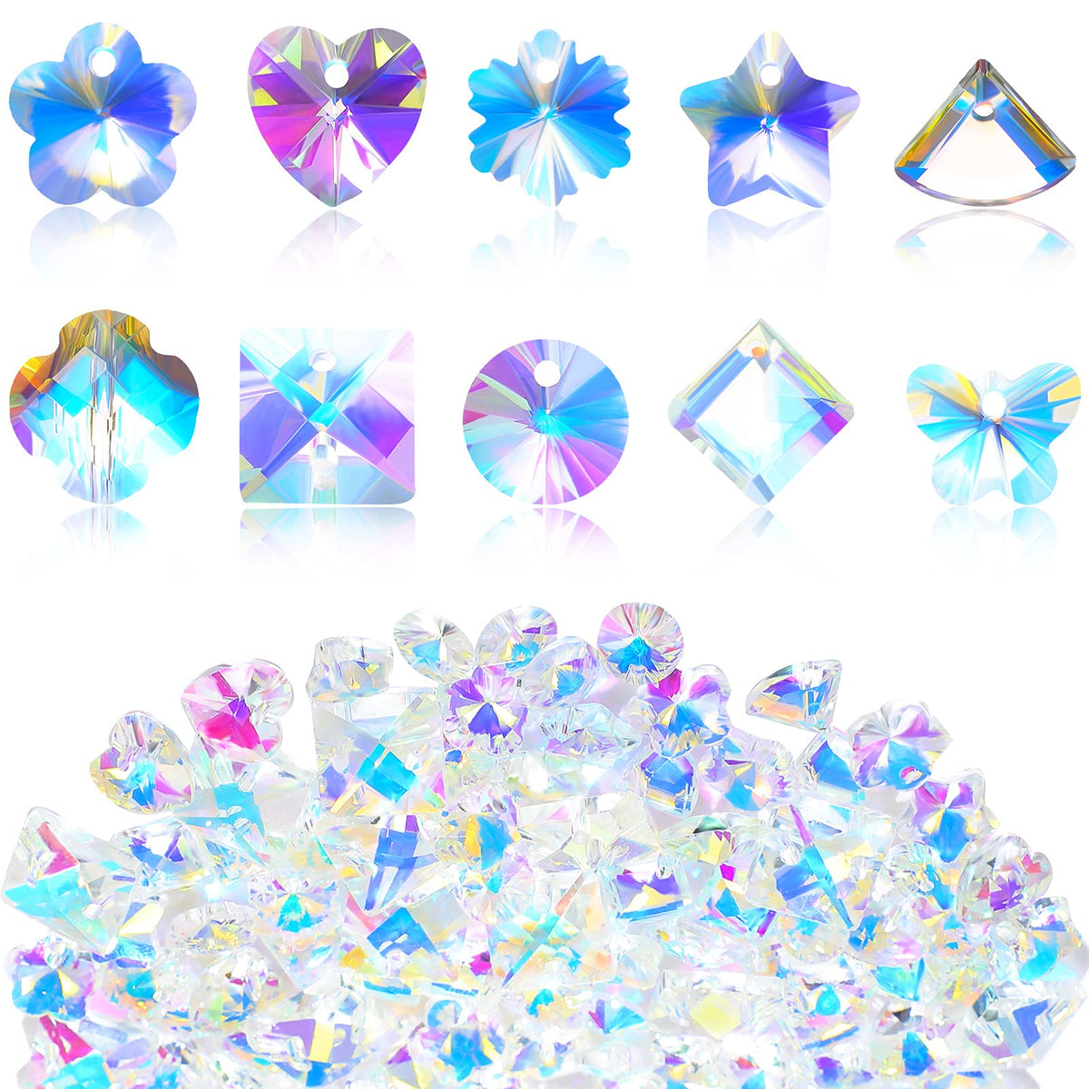 Hicarer 120 Pcs Chakra Natural Stone Beads AB Crystal Charms Butterfly Heart Snowflake Loose Beads Necklace Earrings Crystal Charm Crystal Pendants for DIY Jewelry (Multiple Shape)