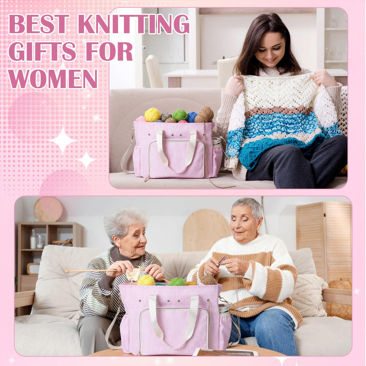Klyyo Clyro Large Crochet Tote Bag Seersucker Knitting Bag Yarn Storage Tote 15 x 12 Inch Cotton Pink Stripe Crochet Hooks Knitting Accessories Organizer Holder with Zipper for Women DIY Lovers Gift