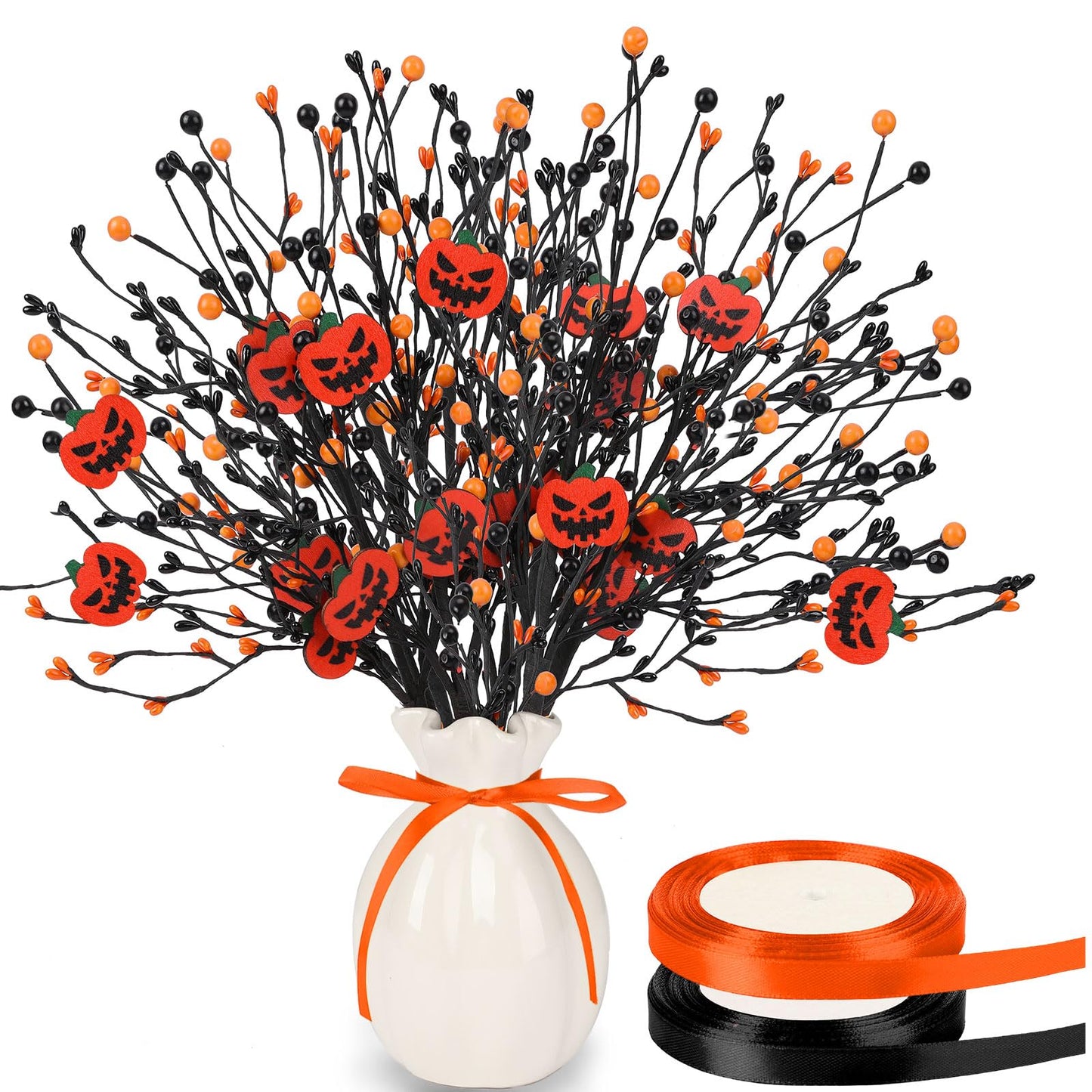 JUNEBRUSHS 6 Pcs Artificial Pumpkin Stems with Black Branches and 2 Roll Ribbons for Halloween Vase Bouquet Arrangement Wreath Table Centerpiece Home Party Decor