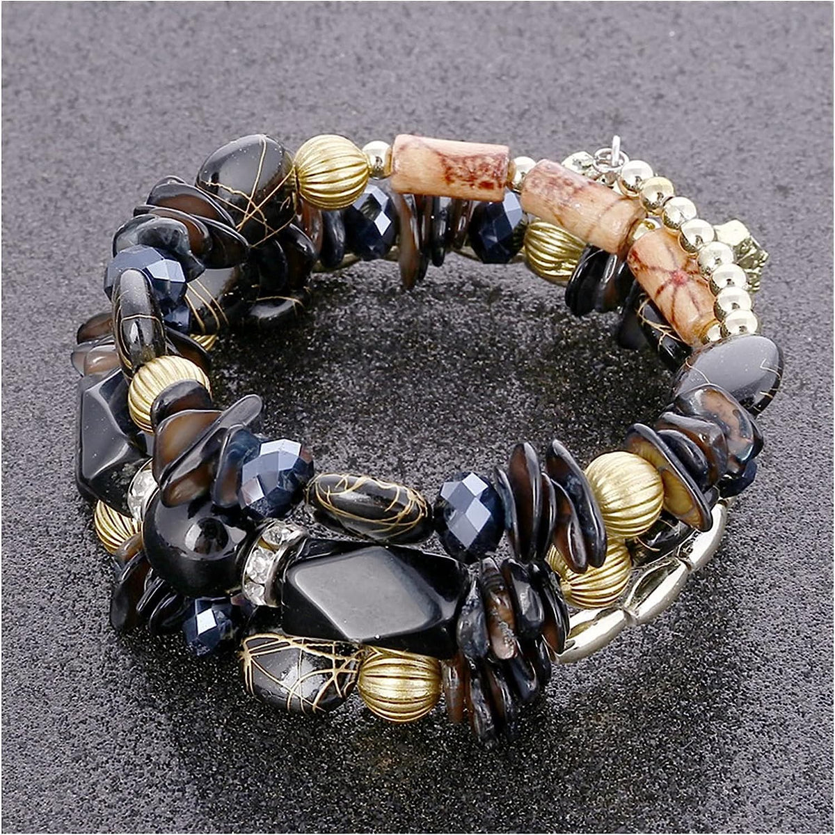 Jewellify Women Retro Crushed Natural Stone Bracelet Multi-Layer Winding Shell Beaded Bracelets (Black)