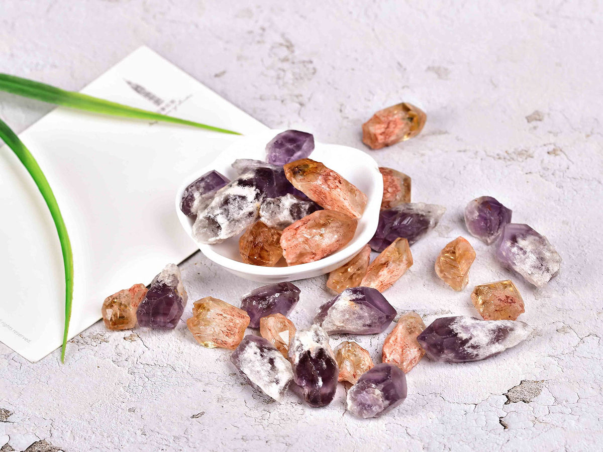 JIC Gem 24-30Pcs 0.4-0.5 Lbs Rough Natural Citrine Crystal and Amethyst Crystal Point Bulk,Raw Citrine Amethyst Crystals Healing Stones,Raw Ctrine and Amethyst Crystal Chips Bulk