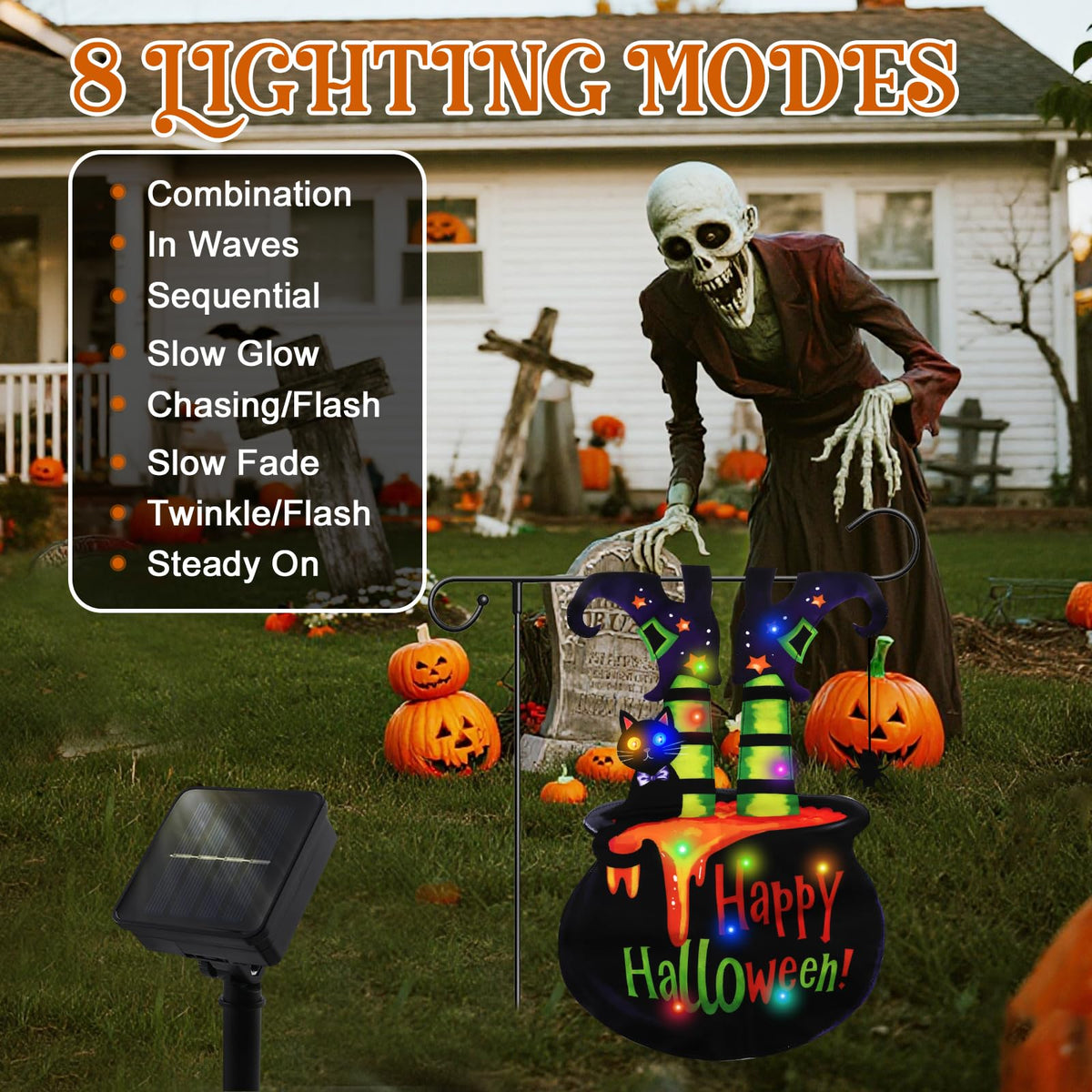 Neaonau Halloween Lighted Garden Flag for Outdoor 13 * 18 Inches Solar Witch Cauldron Flag with 8 Modes, Double Sided Halloween Decorations for Yards, Patios, Lawns, and Streets (Witch Feet)