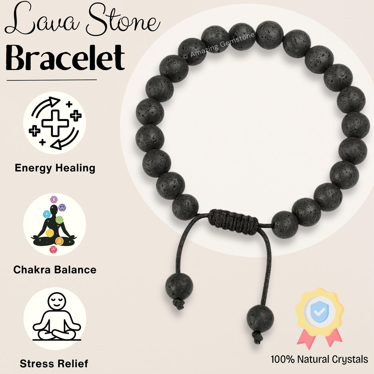 Amazing Gemstone Lava Stone Bracelet for Women Men's Gifts - Protection Healing Crystal Bracelet - 8mm Gemstones Beaded Adjustable Bracelet Pulseras Para Hombres Mujer Stocking Stuffers