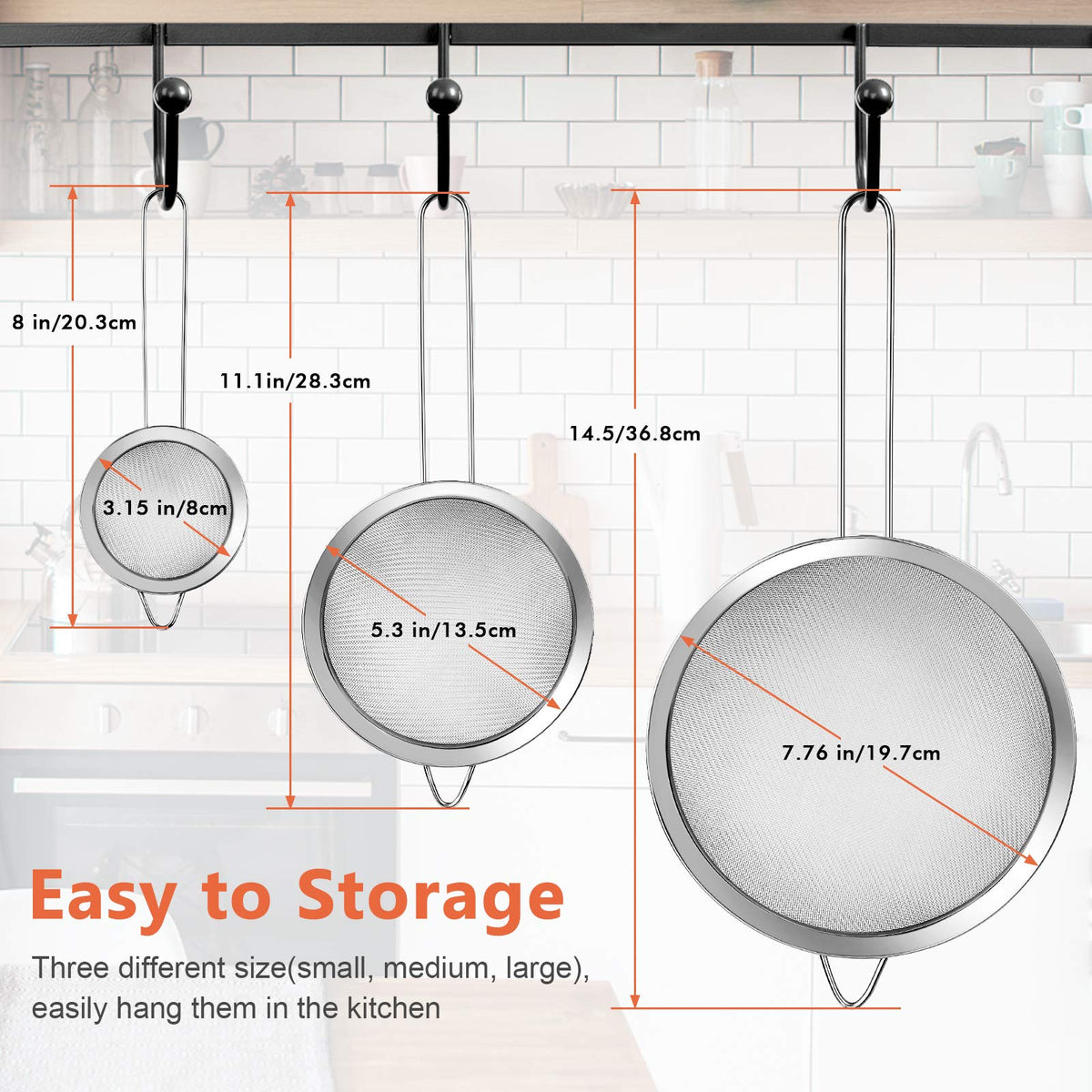 3Pcs Super Wire Extra Fine Mesh Strainer with Handle, Small Medium Large Size Sifter Metal Strainer Set, Stainless Steel Sieve Fine Mesh Strainers for Kitchen Rice Juice Quinoa Food Flour Baking YLYL