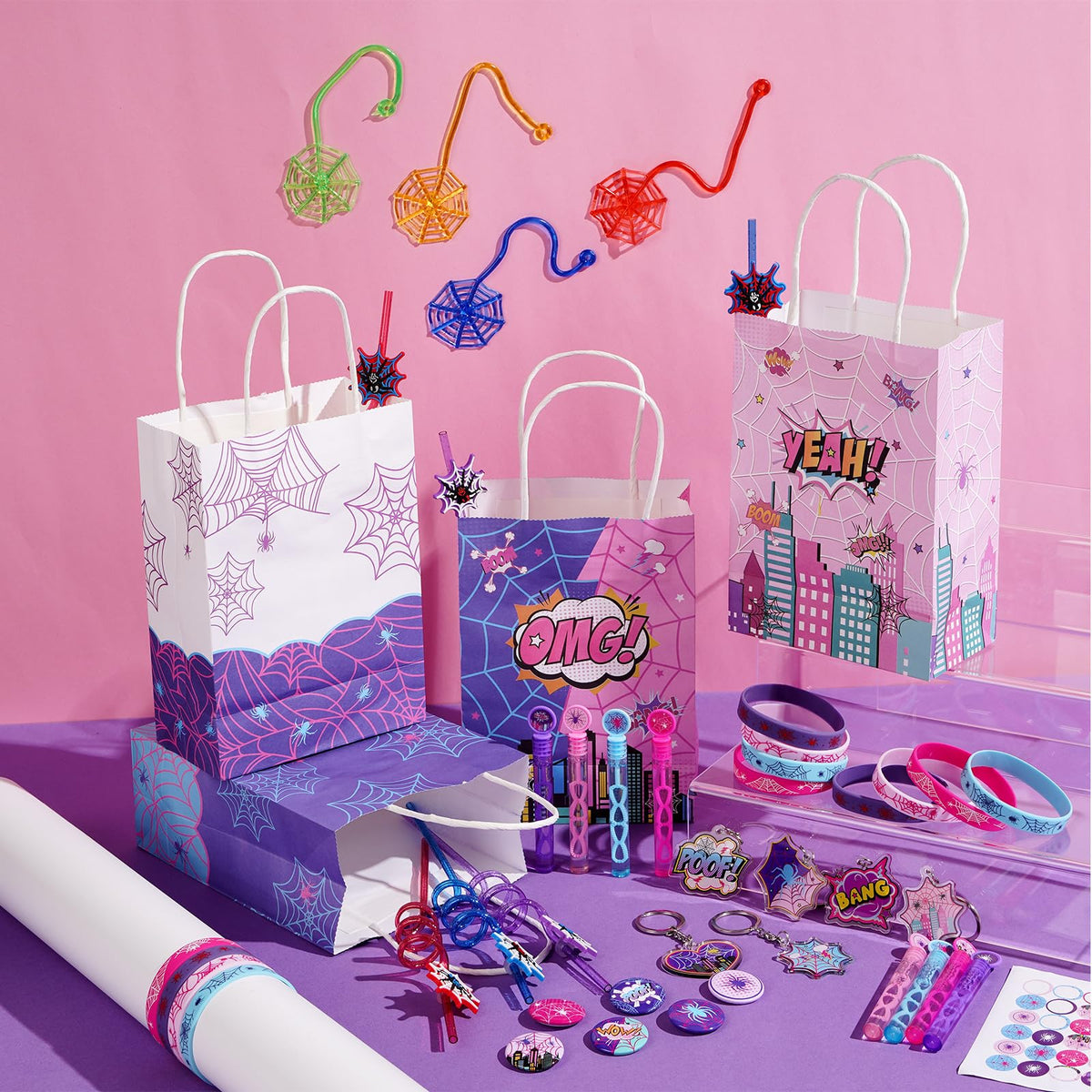 Vanblue 84 Pcs Pink Purple Spider Party Favors Gift Spiderweb Themed Birthday Party Decorations, Spider Comic Heroes Goodie Bag Stuffers,Classroom Reward Piñata Fillers for Girls Movie Fans