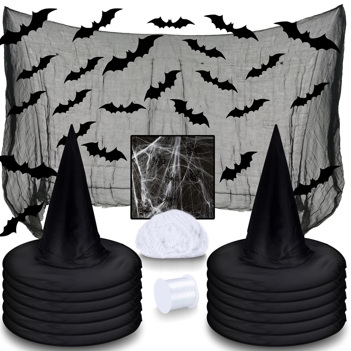 LINAYE Witch Hat XXL Kit - Halloween Decorations Including 12 PCS Black Witch Hats, 16 PCS 3D Bats, Spider Web, Creepy Cloth, Hanging Rope - Costume Headwear