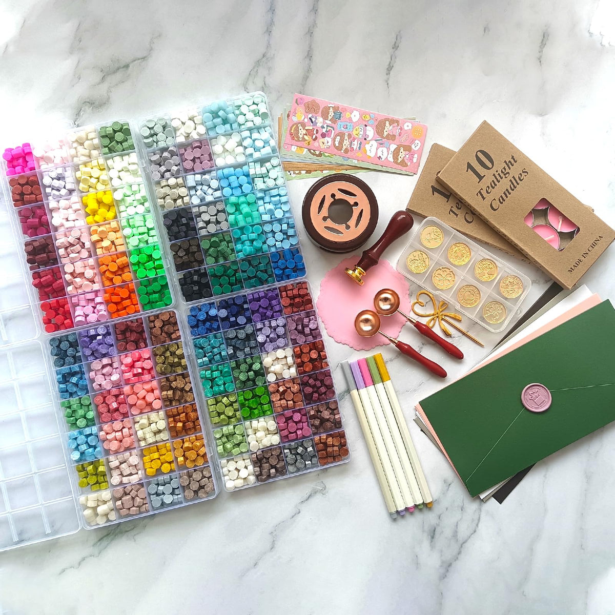 96 Colors Wax Seal Stamp Kit,2400Pcs Sealing Beads,All in one Wax Seal Kit with Sealing Stamps, Warmer,Spoon,Envelopes,Candles,Metallic Pen,for Wedding Invitations Wrapping Christmas Letters