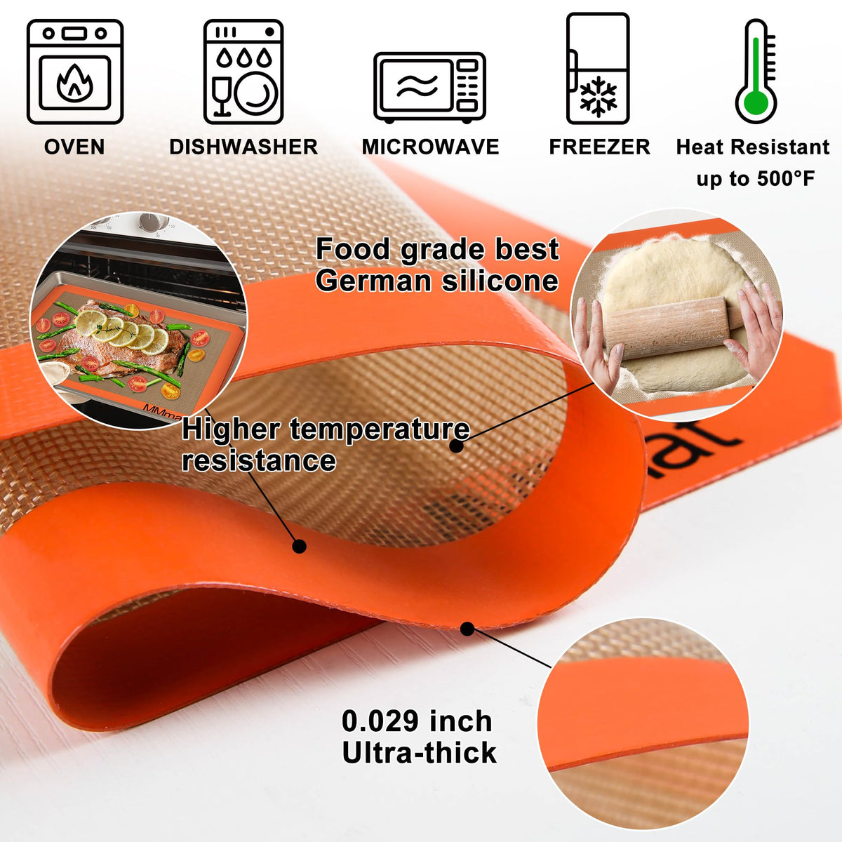 MMmat Silicone Baking Mats - Best German Silicone - Non Slip Silicone Baking Sheet, Non Stick Reusable Silicone Mats for Baking, Oven Liner, Counter Mat - 9x13 inch, Set of 2