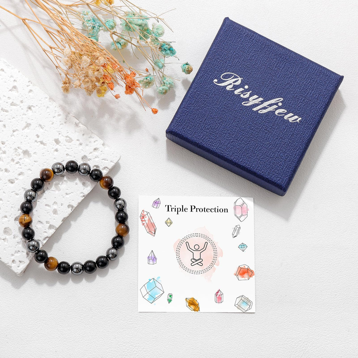 Risyfjew Natural Healing Crystal Bracelet for Women Triple Protection Bracelet Spirtual Jewelry Gift With Tiger Eye Obsidian Hematite