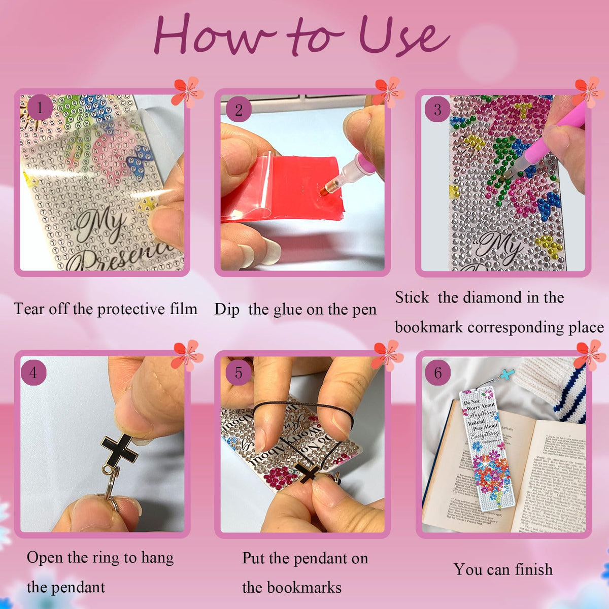 HTTDMY 8PCS Diamond Painting Art Bookmarks,Cute Acrylic Bookmarks Crafts Kits Gifts with Pendants for Adult Women Book Lovers (Flower)
