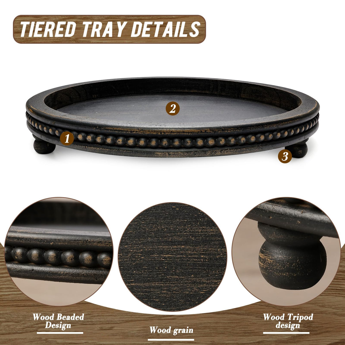 KULEDM Wooden Tray Decor, Small Beaded Coffee Table Tray Decor, Black Round Decorative Tray for Coffee Table, Dining Room Table Entryway and Living Room Table