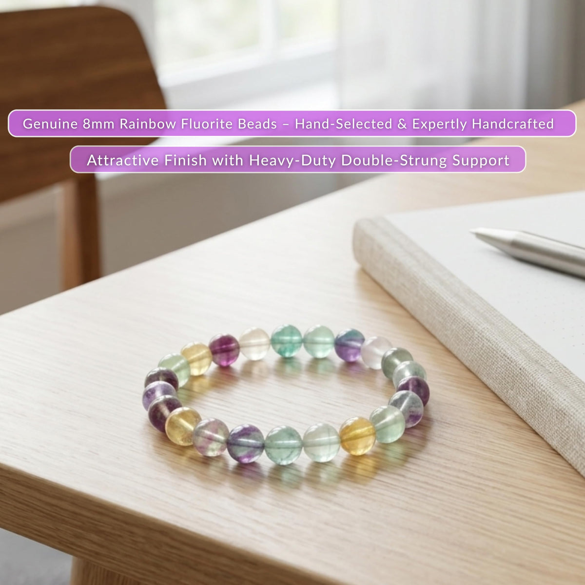 Cherry Tree Collection Rainbow Fluorite Beaded Bracelet – Genuine 8mm Gemstone Stretch Bracelet for Men & Women – Handmade Crystal Bracelet - (Rainbow Fluorite - M)