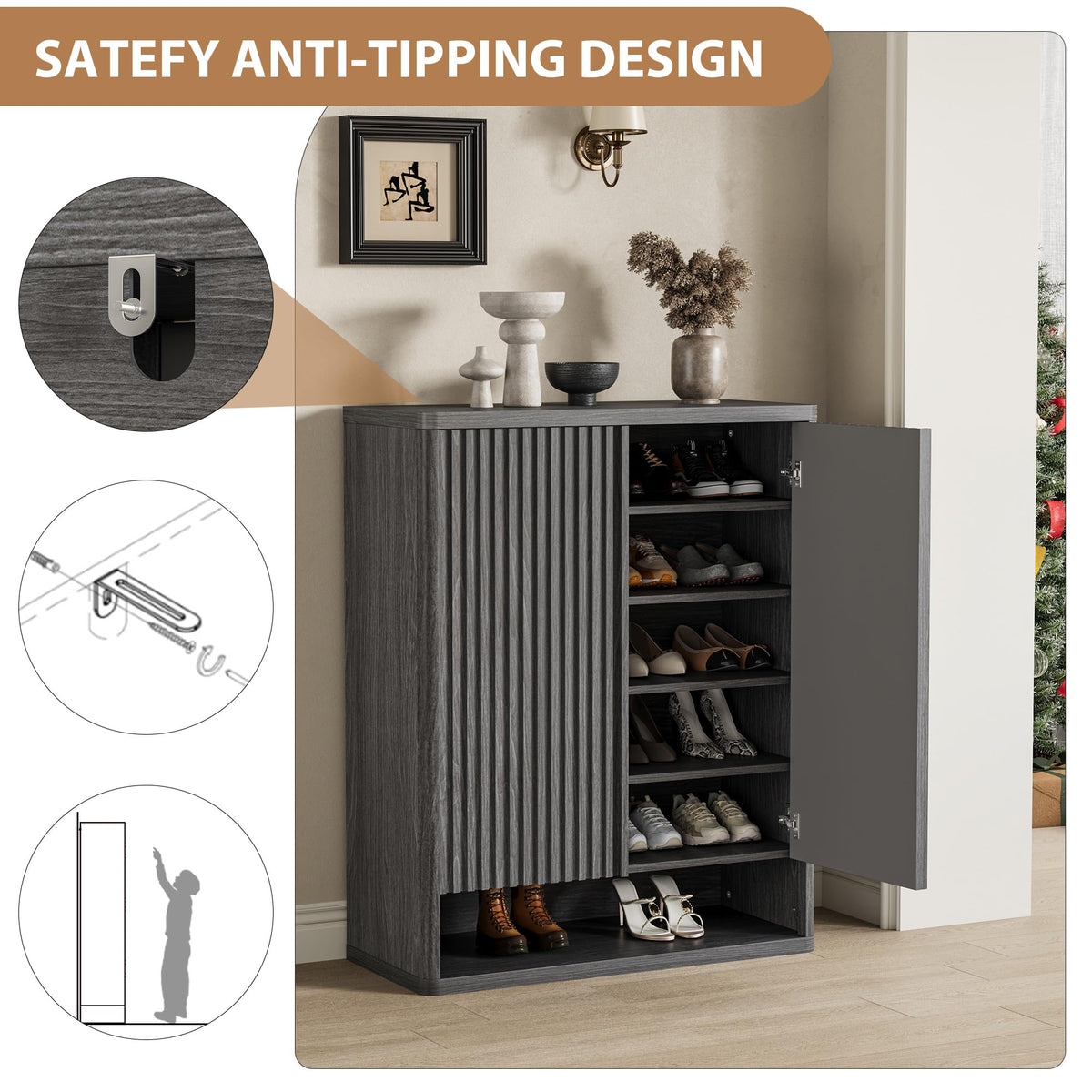 Garvee 31.5 Inch Shoe Cabinet, Large Shoe Storage Cabinet with Adjustable Shelves, Wooden Shoe Organizer with Fluted Door Holds 25–30 Pairs for Entryway & Living Room,Grey
