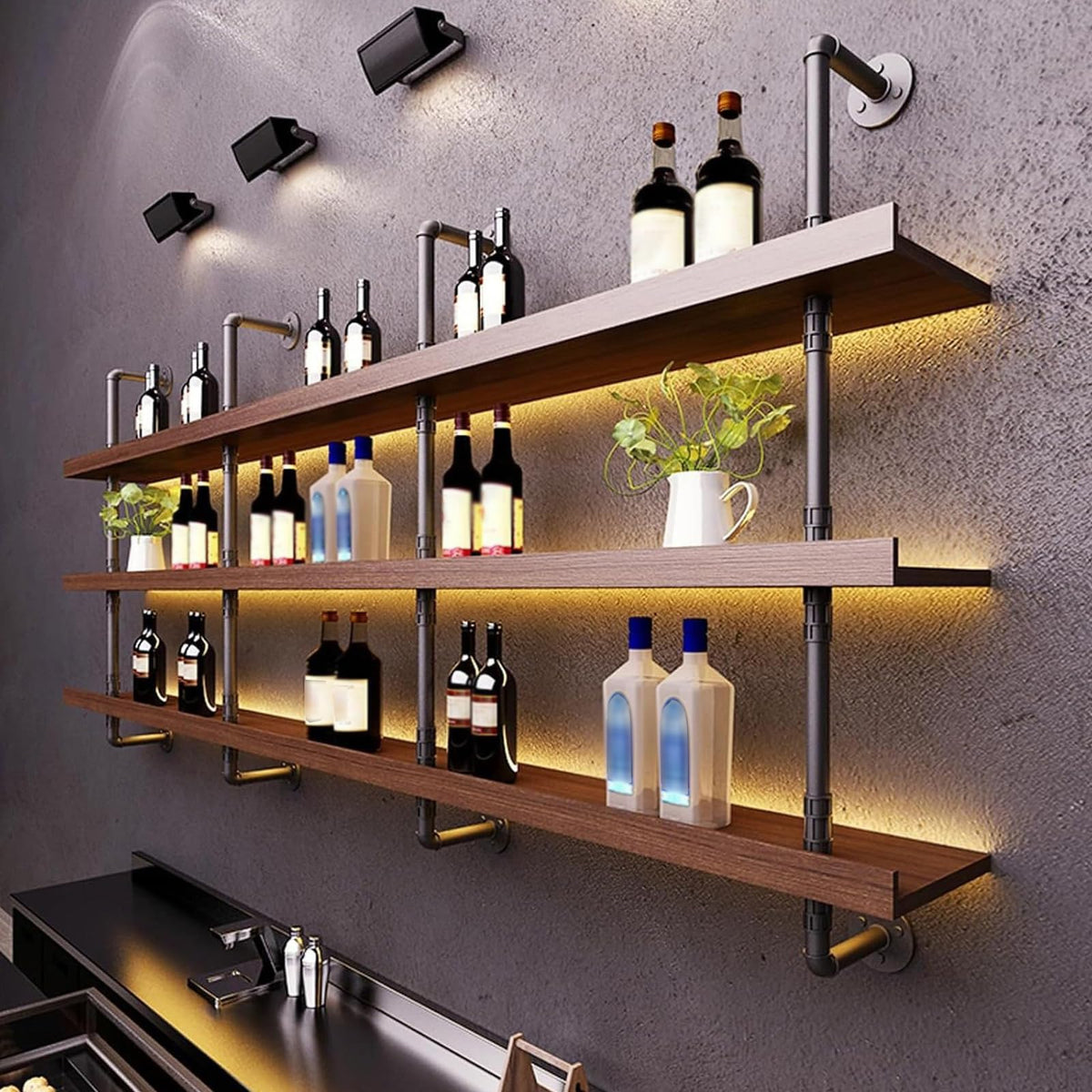 Dawselod 55.1in Large Wine Rack with LED Light Solid Wood Wall Mounted Wine Rack, 3-Tiers Liquor Bottles Floating Shelves Display Storage Organizer for Home Bar & Dining Room (140cm/55.1in)