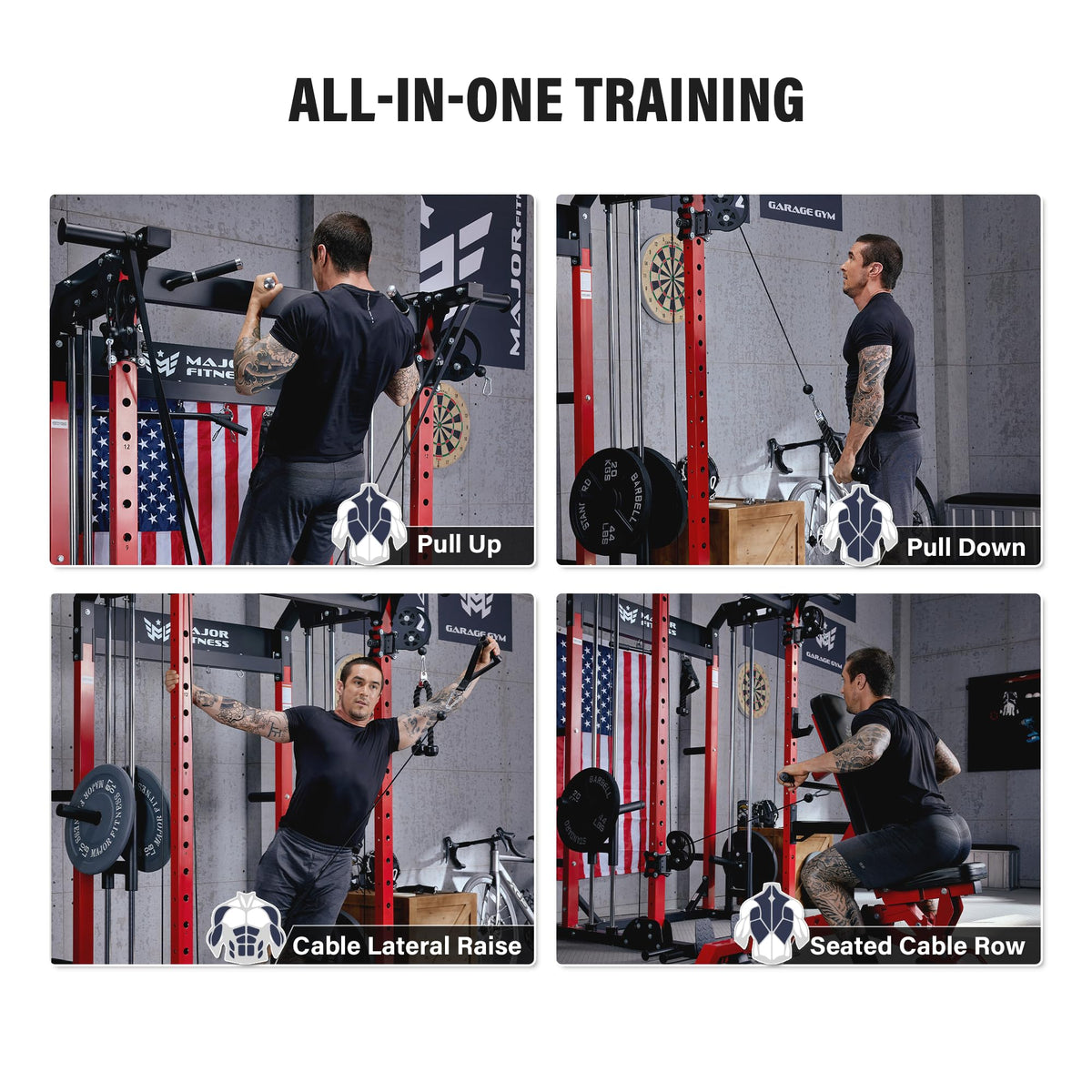 MAJOR FITNESS F22 Power Rack with Weight Bench, Barbell & 230lbs Weight Plates, 1600lbs Heavy-Duty All-in-One Squat Rack with Cable Crossover, Dual Pulley System & Attachments for Home Gym, Khaki
