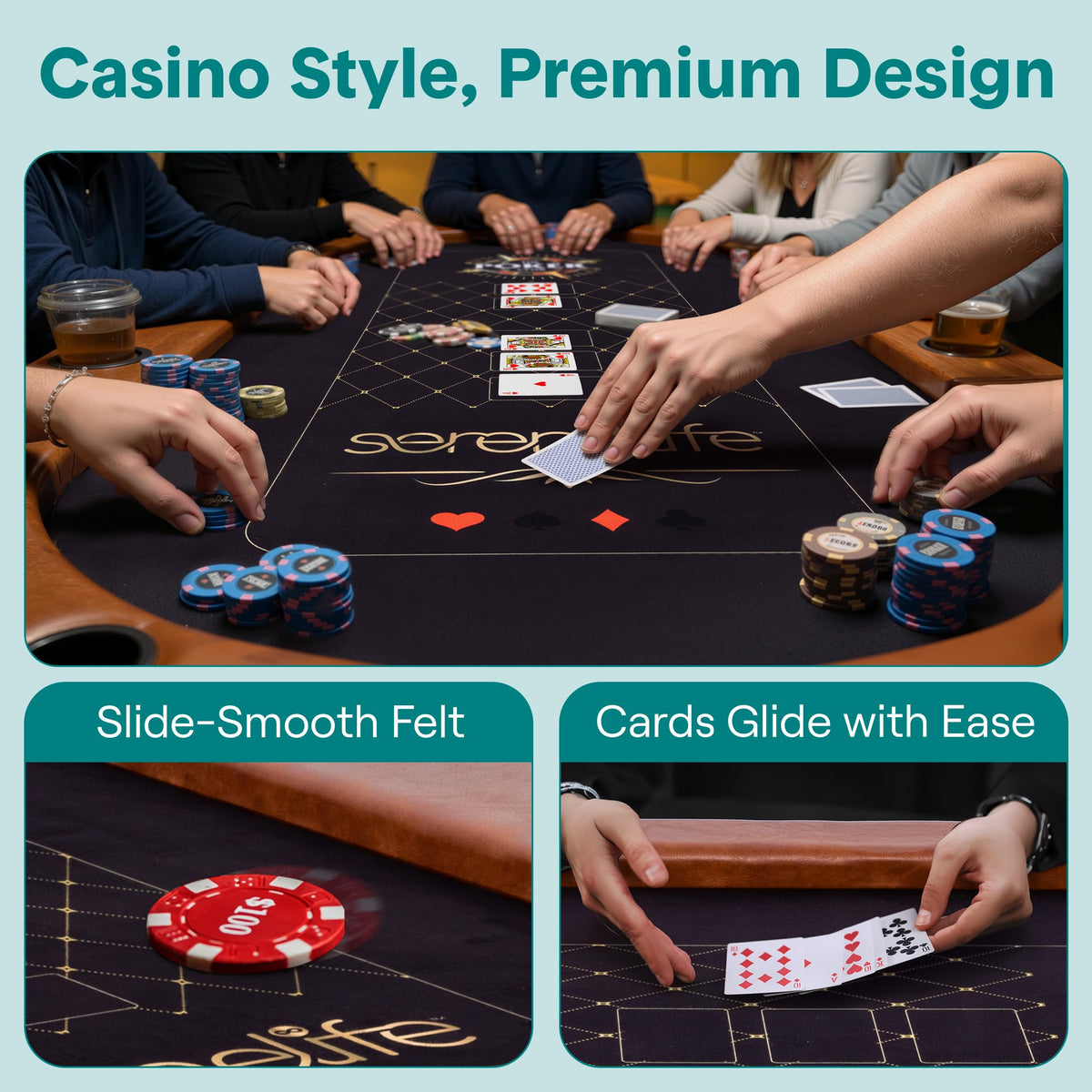 SereneLife 7ft Poker Table for 10 Players - Heavy Duty Oval Texas Hold'em Casino Table for Game Room, 25mm Reinforced Metal Legs, Durable Black PVC Rail, 10 Deep Cup Holders & Professional Layout