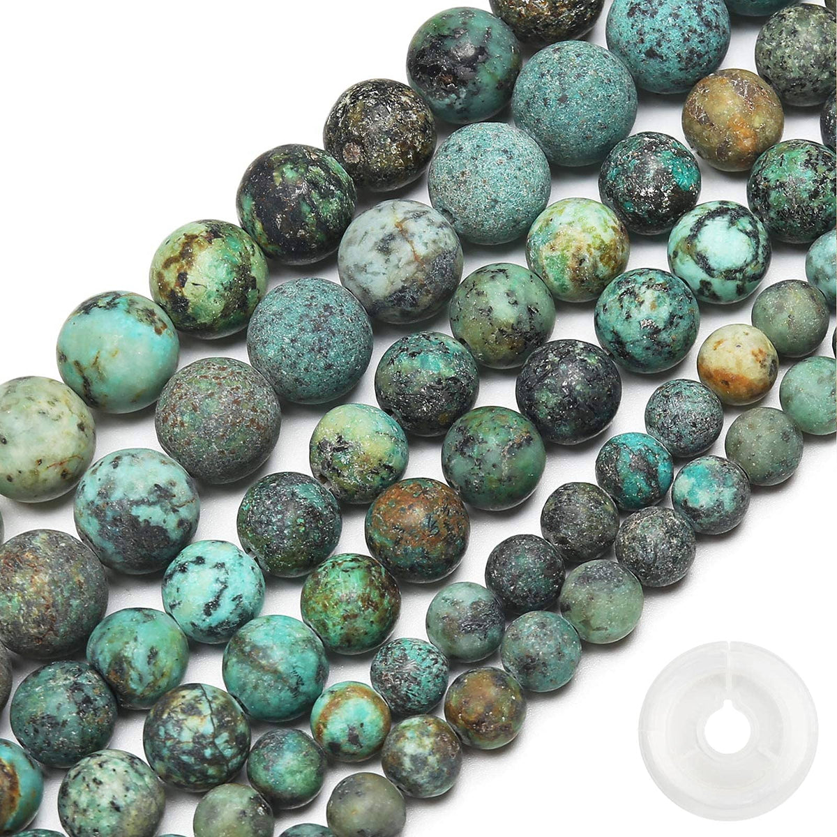 Natural Matte African Turquoise Beads, 10MM Round Frosted Unpolished Loose Gemstone Beads for Bracelet Necklace Jewelry Making, Energy Stone Healing Power with Stretch Beading Cord