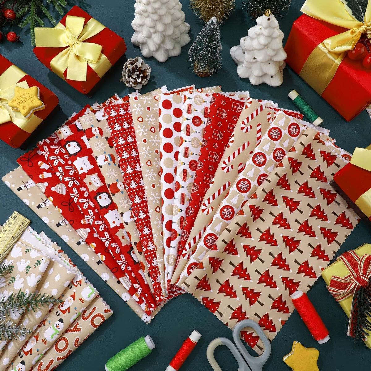HunnmingRe 20 Pcs 10''x10'' Christmas Hot Cocoa Quilting Fabric Square Santa Snowflake Precut Quilted Fabric Bundle Candy Cane Snowman Printed Sewing Material for Winter Patchwork DIY Craft Supplies