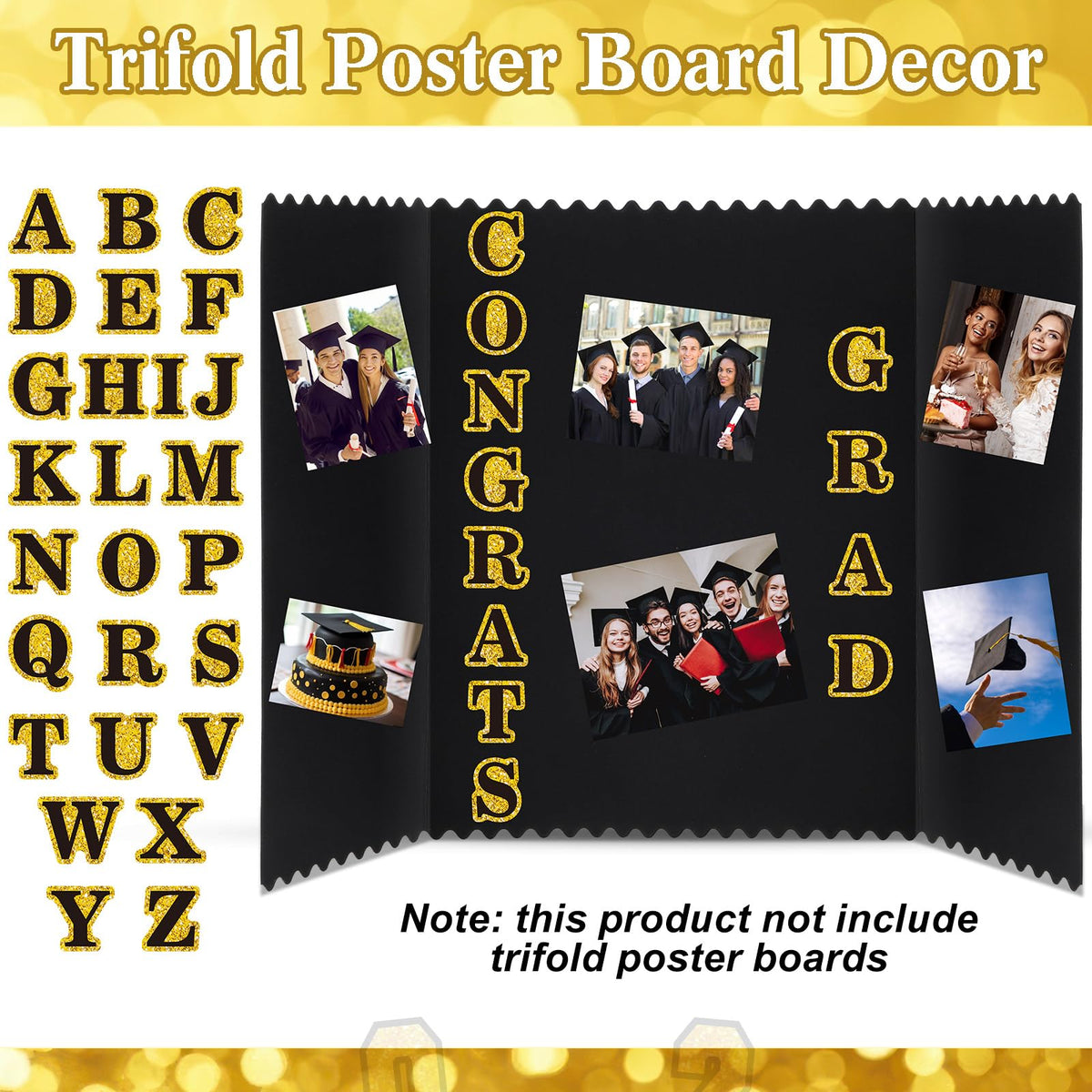 FunooFuno 72 Pcs Glitter 2026 Graduation Letters Numbers Cardstock Shiny Crafts Alphabet with Adhesive Dots for Graduation Trifold Photo Board Grad Leis Homecoming Mums DIY Supplies(Black Gold)