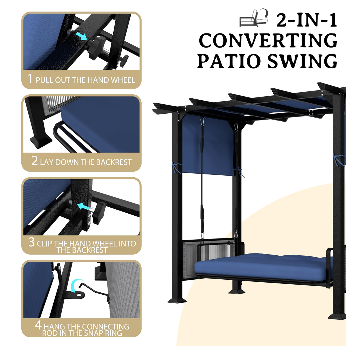 BlueWish 3-Seat Porch Swing, Outdoor Metal Pergola Swing Bed Hanging Cloud Swing Chair with Adjustable Curtains, Patio Hammock Swinging with Cushion for Porch, Backyard, Garden, Blue