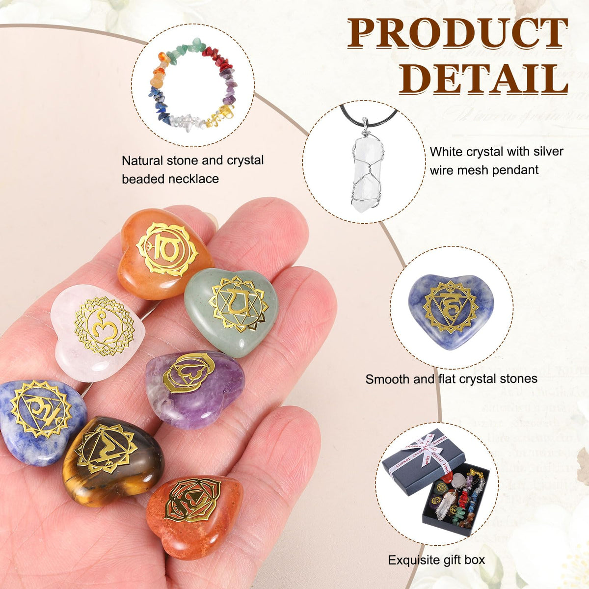 MECCANIXITY 7 Chakra Stone Set (Heart-Shaped) with Irregular Stone Bracelet & Necklace Gift Box for Healing Crystals Balancing Tumbled Palm Stone Meditation