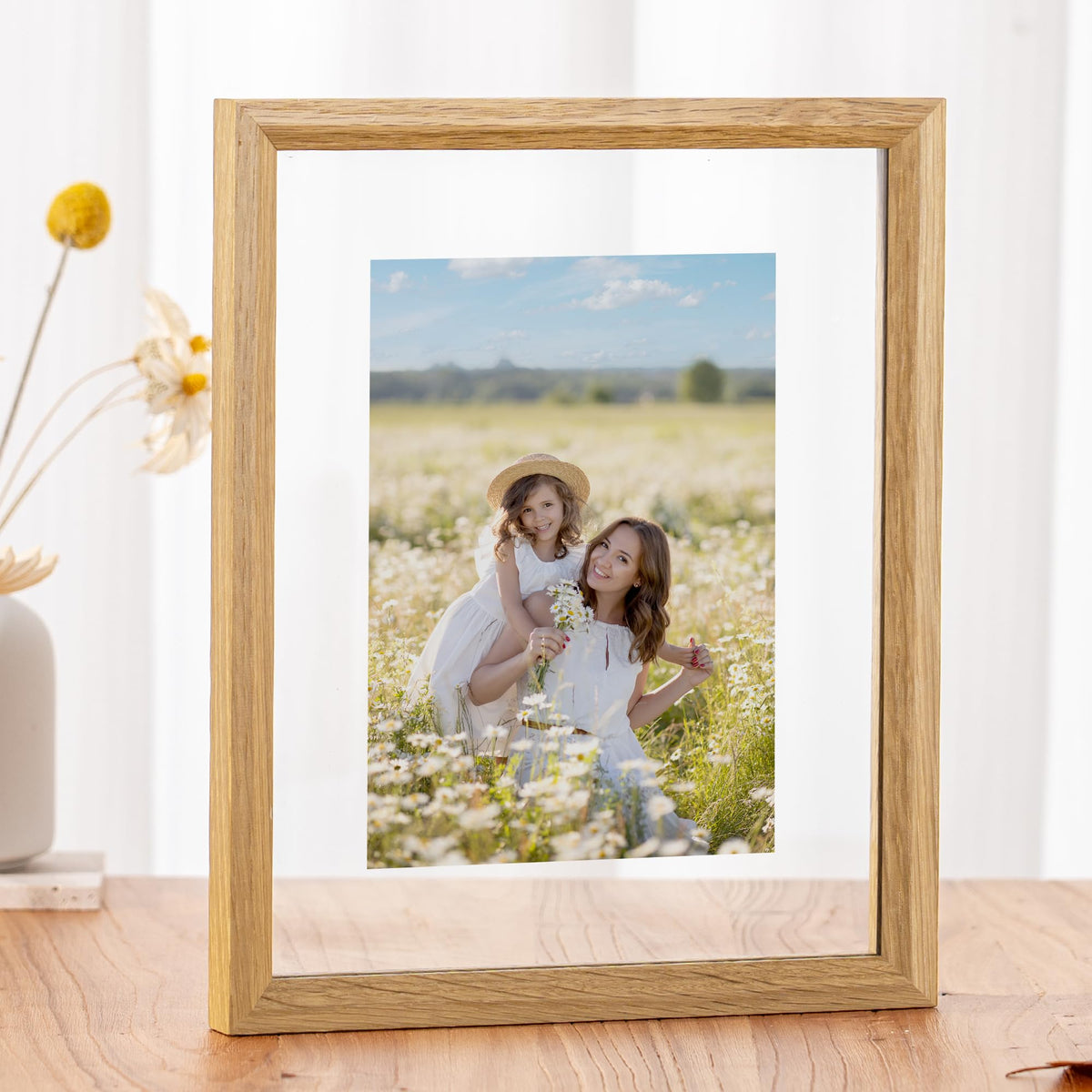Axeman 8x10 Floating Picture Frame - Solid Oak Wood Picture Frame, Double Tempered Glass Photo Frame 2x3 4x6 5x7 6x8 8''x10'' Wood Frame, Wall Mount Or Tabletop Standing, Natural
