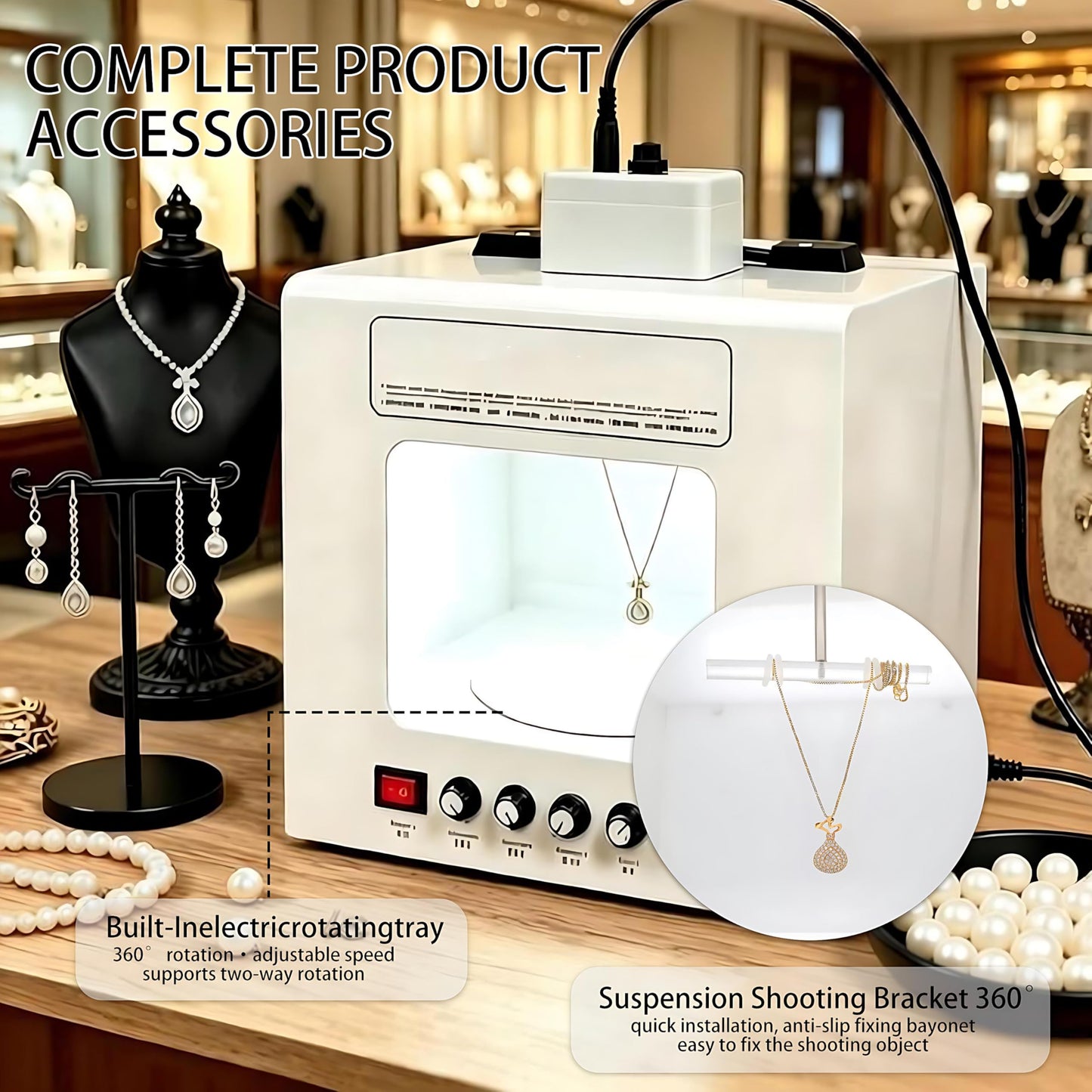 QIUNAOZI Jewelry Hanging Photography Kit, Pro Jewelry Photography Light Box Kit, Turntable Diameter 11/15cm, 4pcs Fill Lights, with 360° Electric Rotating Feature, for Jewelry, Small Items White-TB30