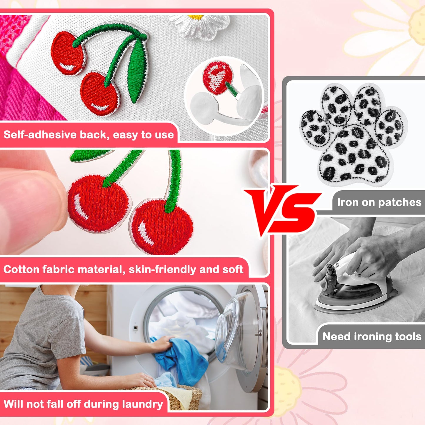 Mini Iron On Patches for Clothes 65Pcs Cute Self Adhesive Embroidered Patches Set with Daisy, Fruits-Kids DIY Trucker Hat Patches for Jackets, Bags, Leis