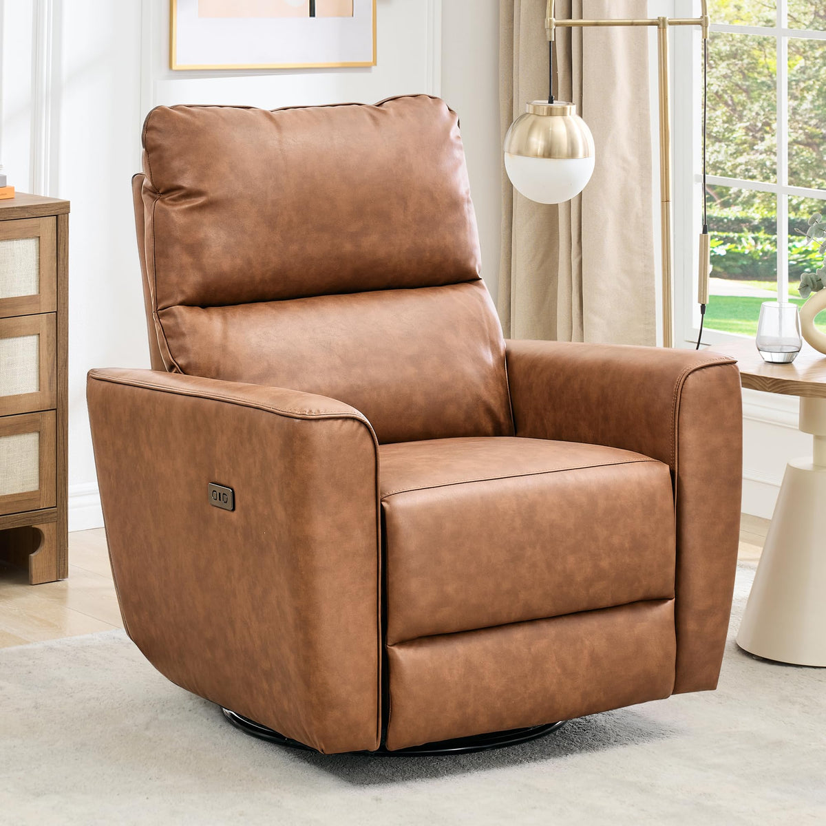 GarveeHome Power Recliner Chair, 270° Swivel Rocking Glider with USB Charging Port, PU Leather Upholstered Fabric, Ergonomic Modern Nursery Chair for Living Room, Bedroom, Nursery (Brown)