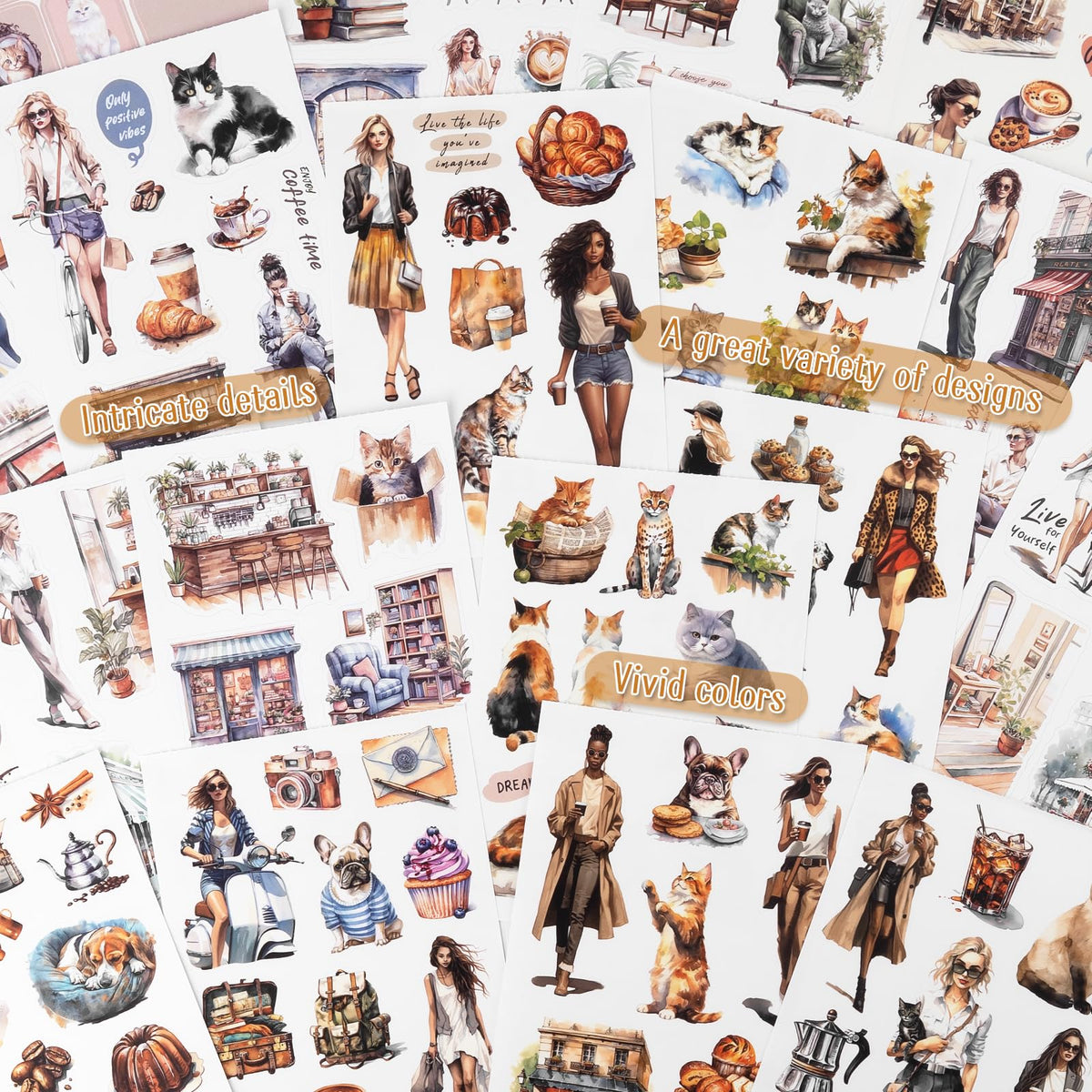 Dizdkizd Coffee and Pet Journaling Stickers for Women, 184 Die Cuts PET and Paper Scrapbook Sticker Kit, Cute Cats and Girl Sticker for Bullet Journals, Planners, Collage