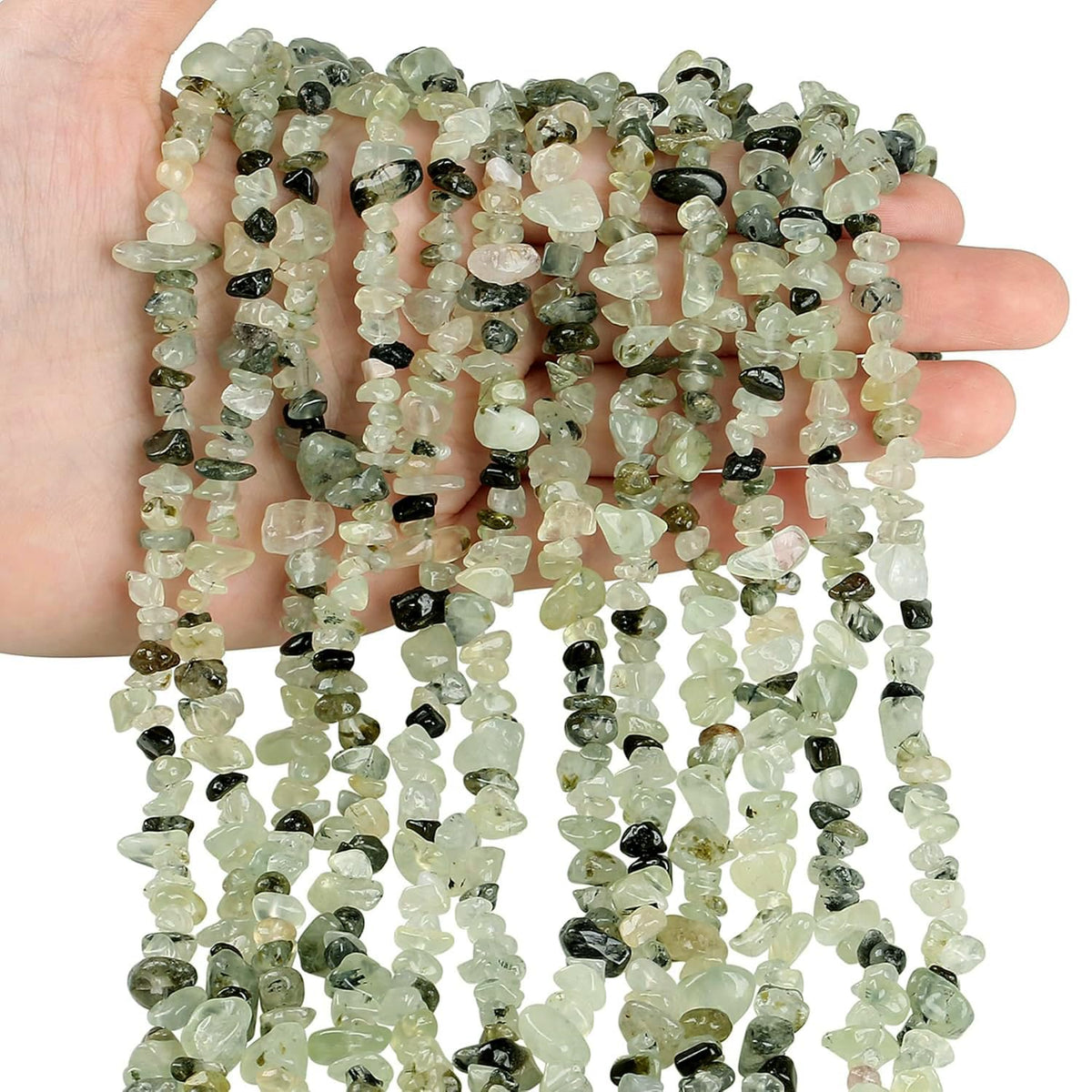Natural Chip Stone Beads 450pcs Green Prehnite Chips 5-8mm Genuine Real Irregular Healing Crystal Rocks Hole Drilled DIY Loose Gemstone Beads for Jewelry Making Bracelet Earrings Necklace Crafting