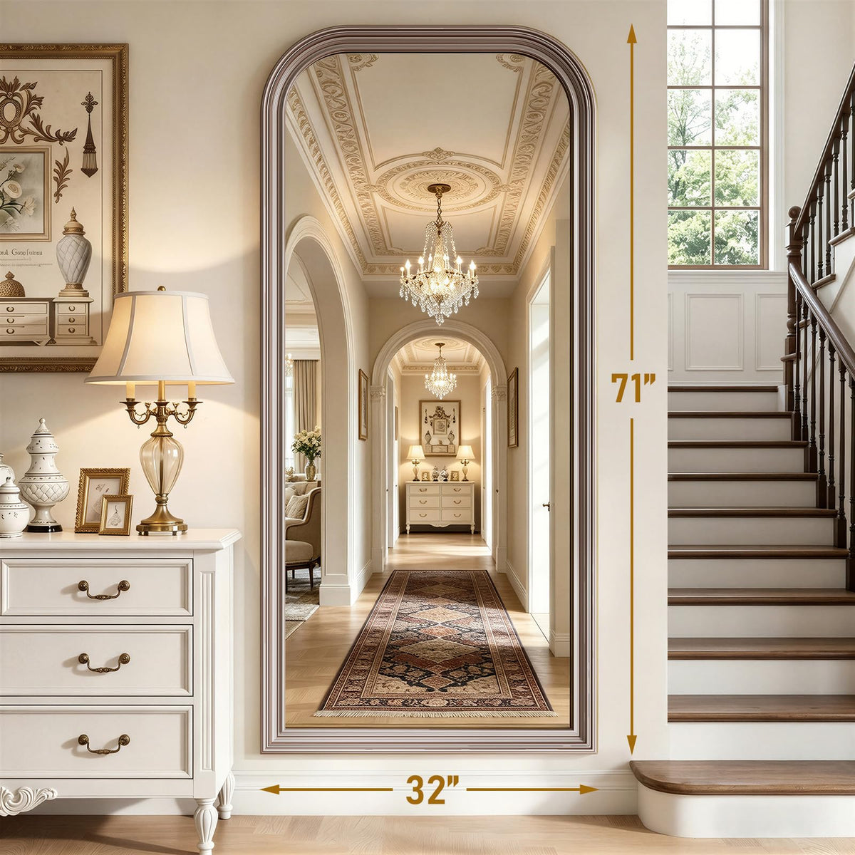 FlyEcho Full Length Mirror with Stand, 71"x32" Full Body Mirror, Floor Length Mirrors Wall Mounted with Rounded Top, Large Standing Mirrors, PU Frame, for Bedroom Living Room Cloakroom, Antique Sliver