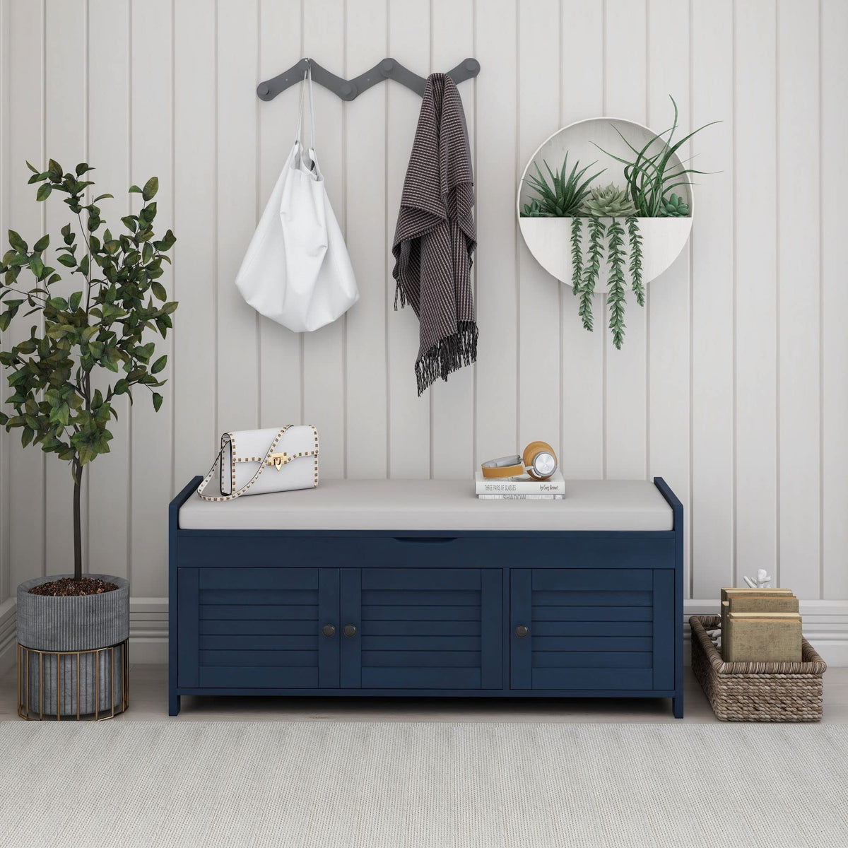 Merax Farmhouse Wood Shoe Bench with Seat Cushion Window Storage Cabinets for Entryway Hallway Living Room Antique Navy