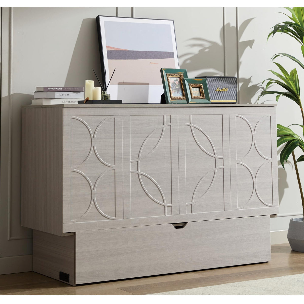 KEIKI Murphy Bed Cabinet Queen - Foldable Wall Bed with Foam Mattress, 2 Large Storage Drawers & USB Charging Station, Space Saving Furniture for Guest Room, Bedroom, Office, Living Room, Grey