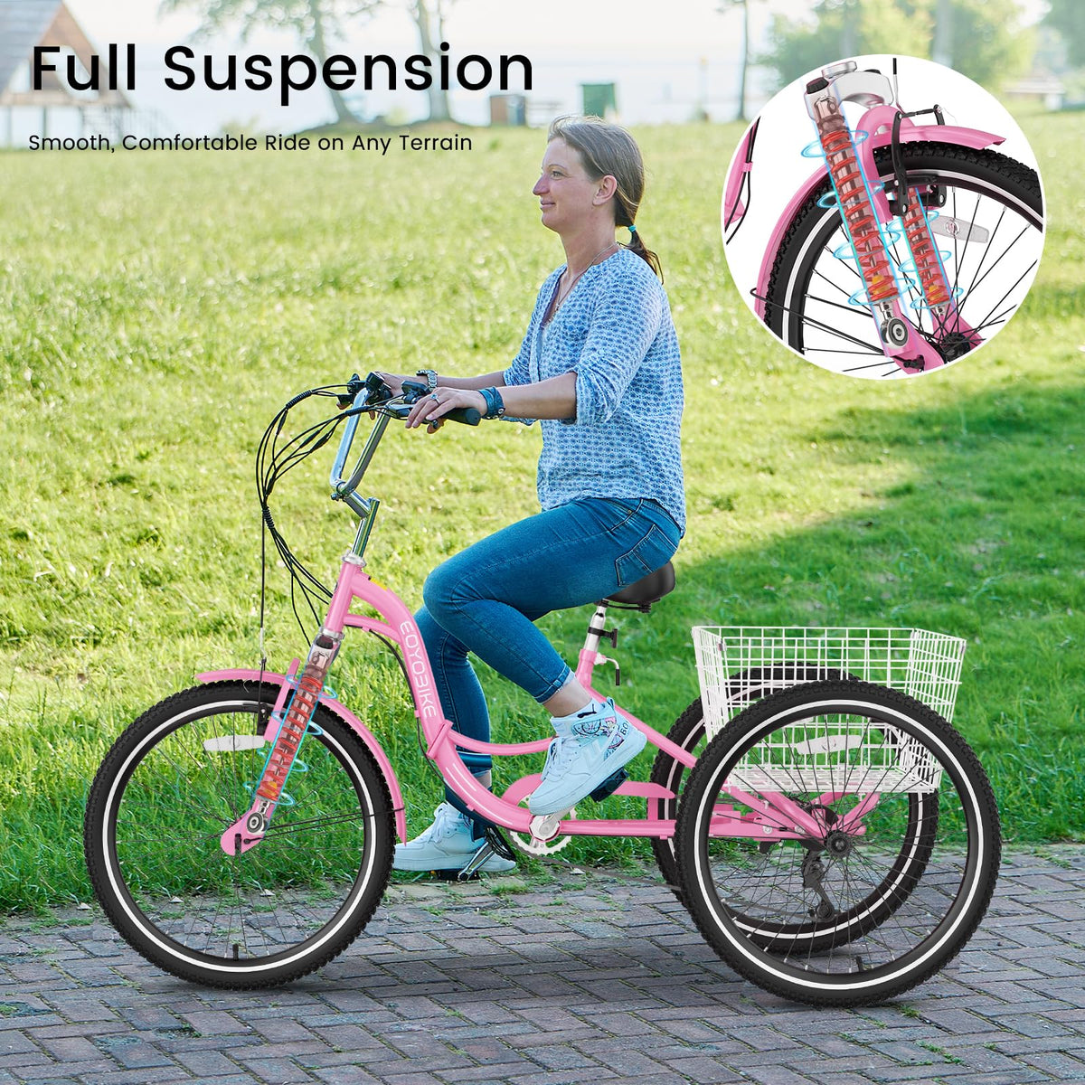 EOYOBIKE Adult Folding Tricycle, 7-Speed 3-Wheel Cruiser Bike with Low Step-Through Frame, Large Rear Basket, Adjustable Seat, 20/24/26 Inch Options
