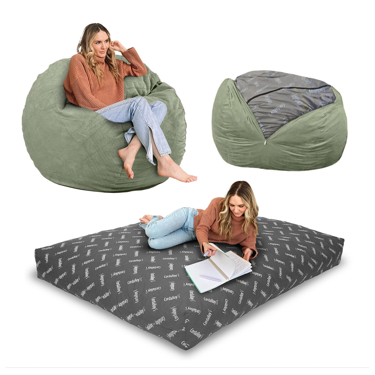 CordaRoy's Chenille Bean Bag Chair, Convertible Chair Folds from Bean Bag to Lounger, As Seen on Shark Tank, Moss - Queen Size