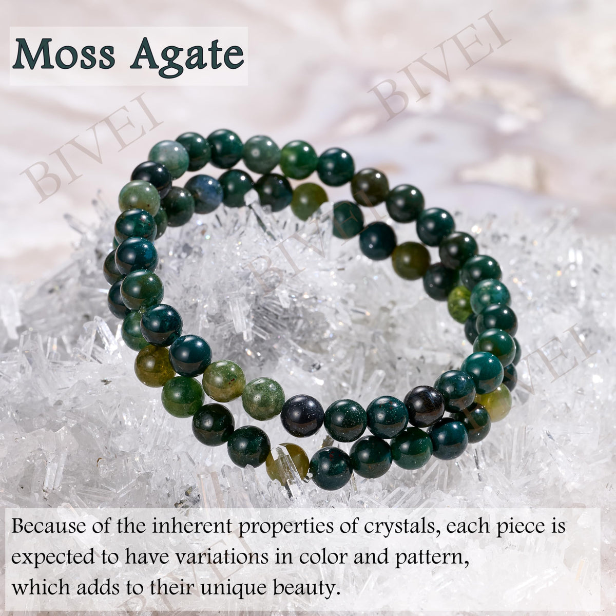 Bivei Moss Agate - Growth - 6mm Beaded Bracelets for Women Handmade Semi Precious Natural Stone Stretch Elastic Jewelry for Women Yoga Protection Gifts Small