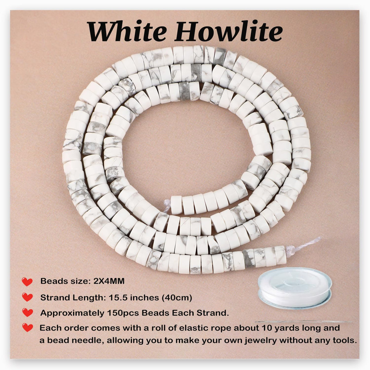 Natural White Howlite Heishi Spacer Beads Loose Semi Precious Flat Round Gemstone Disc Shape Stone for Beading Jewelry Making 4x2mm 15.5"