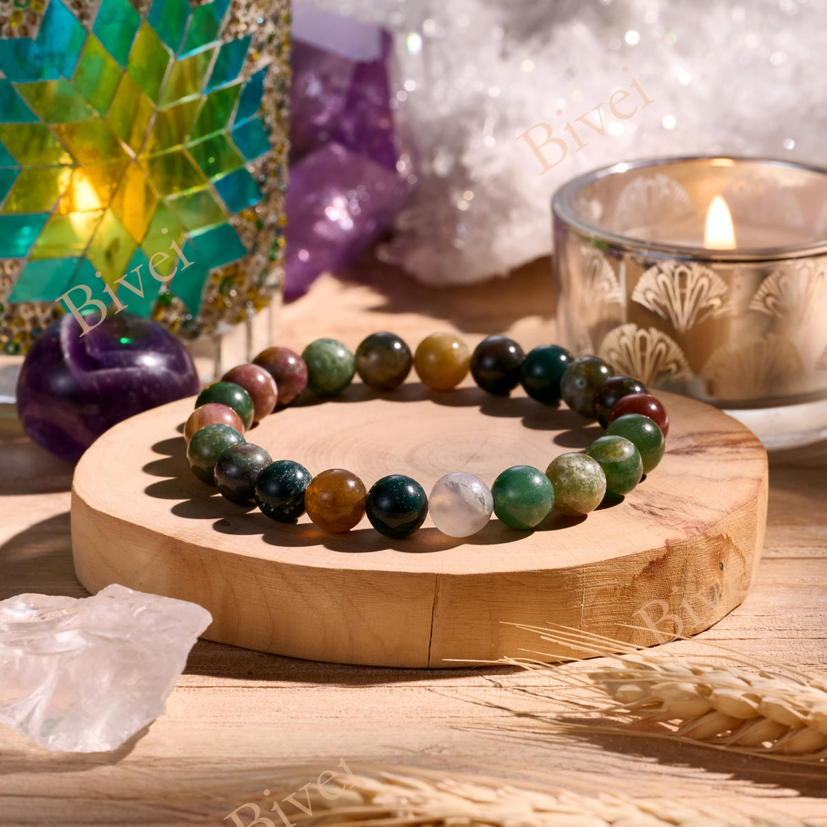 Indian Agate-Ancient Calm-8mm Beaded Bracelets for Women Handmade Semi Precious Natural Stone Stretch Elastic Jewelry Yoga Protection Gifts