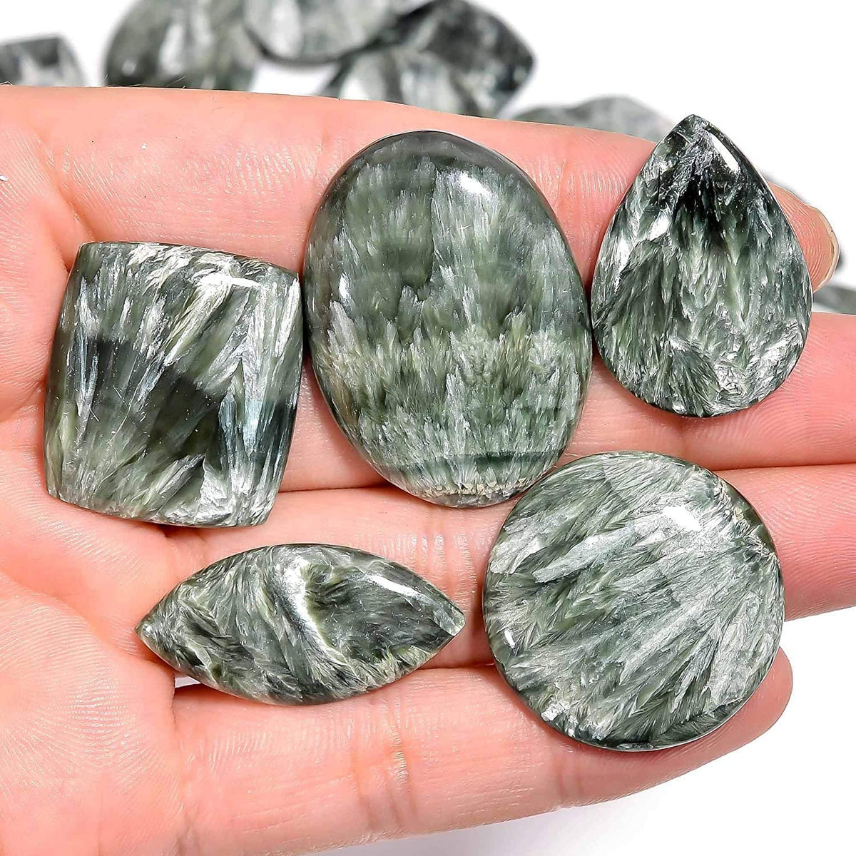 4pcs Natural Seraphinite Gemstone Wholesale Cabochons Lot, Jewelry Making Loose Gemstone, Polished Home Decor Specimen, DIY, Wire Wrapping, Reiki, Healing Crystals, Bulk Gemstone Deal