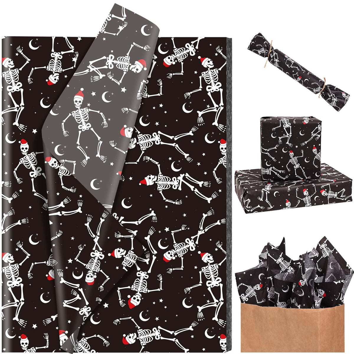 Bolsome 100 Sheets 20 * 14 Inches Christmas Tissue Paper for Gift Bags Black Dancing Skeleton with Santa Hat Printed Tissue Paper Spooky Decorative Tissue for Xmas Party Winter Holidays DIY Crafts