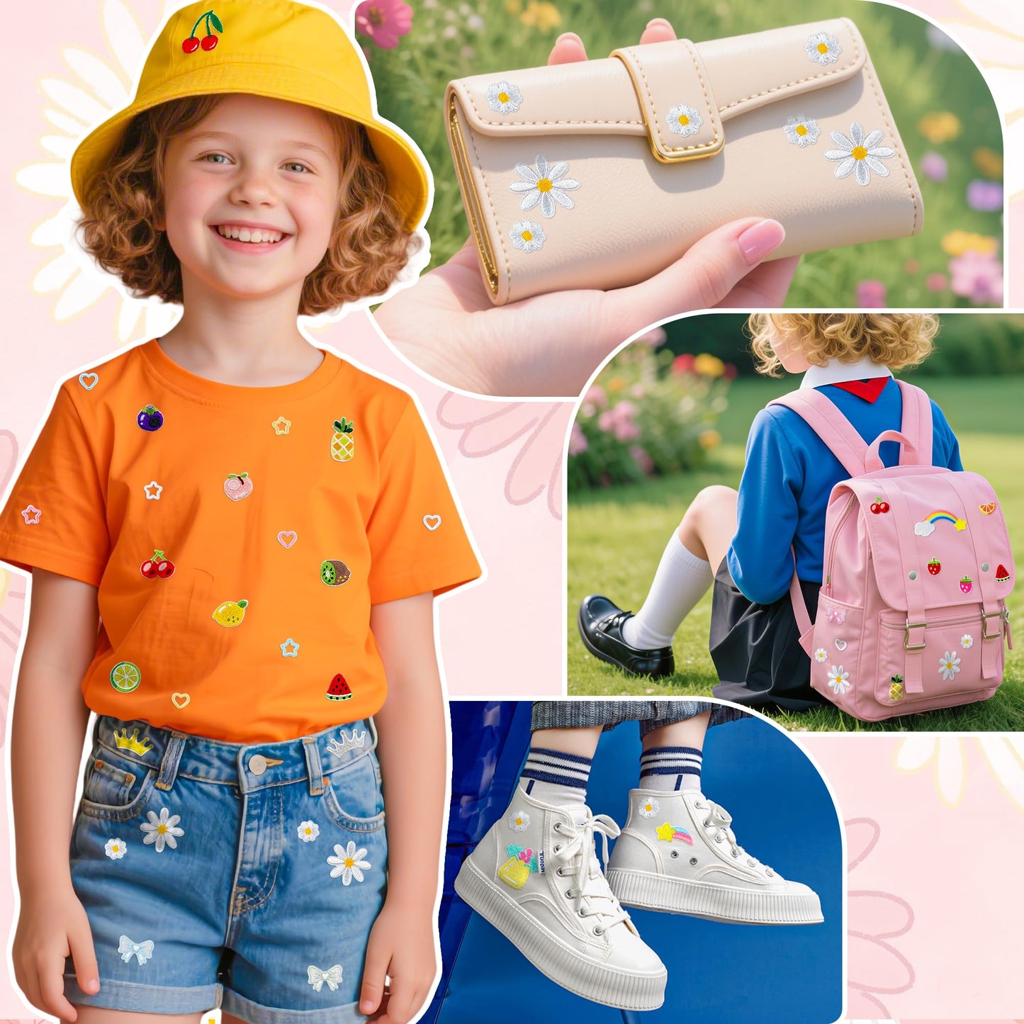 Mini Iron On Patches for Clothes 65Pcs Cute Self Adhesive Embroidered Patches Set with Daisy, Fruits-Kids DIY Trucker Hat Patches for Jackets, Bags, Leis