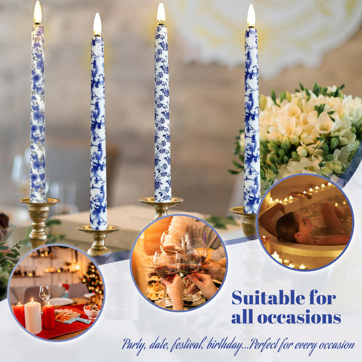 FCMSHAMD 6PCS Blue and White Porcelain Flameless Taper Candles, 11 Inch LED Candlesticks Battery Operated with 11-Key Remote and Timer, 3D Flickering Flame Lights for Wedding Party Home Decor Gifts