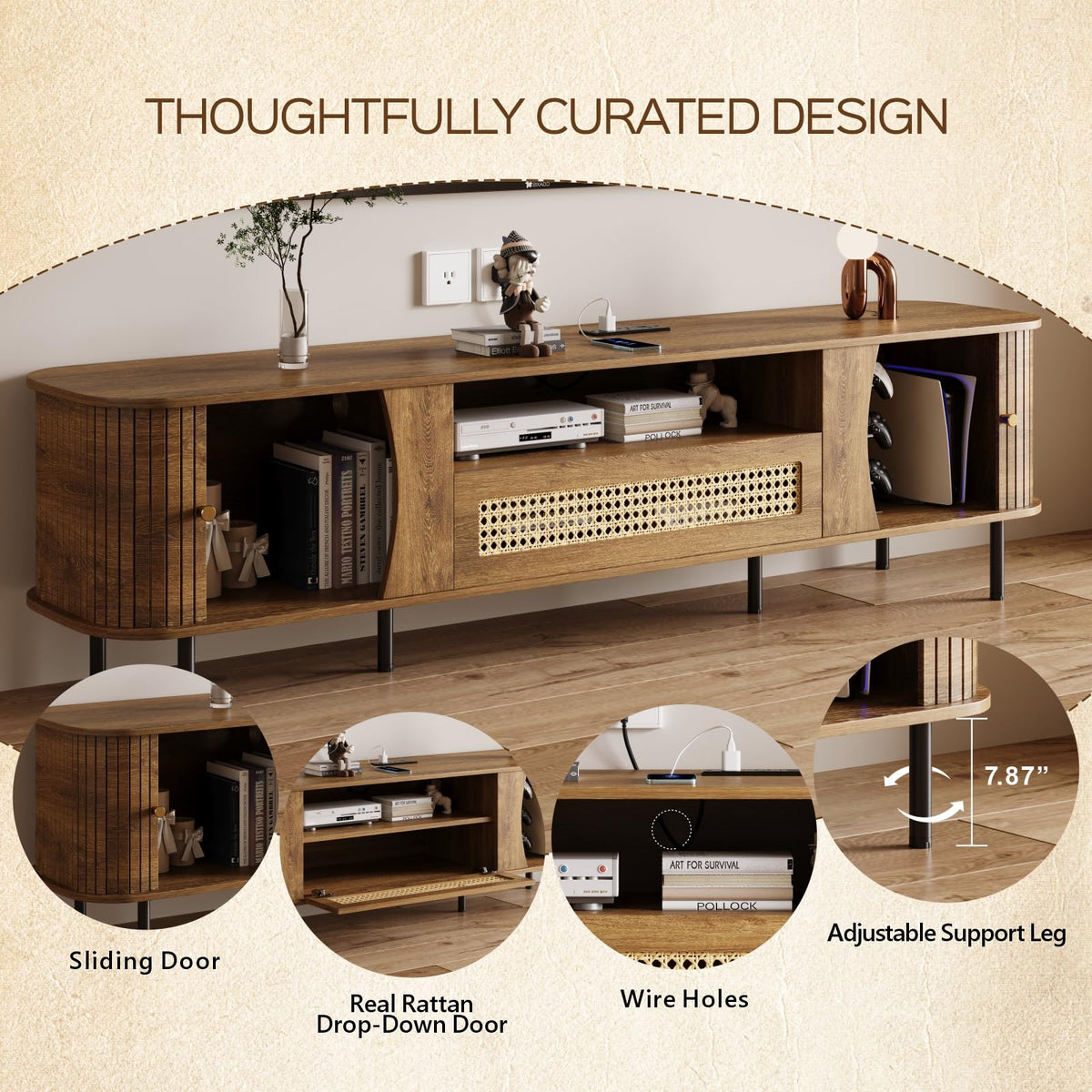 basenji Fully Assembled 71" Mid Century Modern TV Stand with Power Outlet and Sliding Doors, Rattan Entertainment Center with Storage, Wood Media Console,TV Consoles for Living Room,Walnut