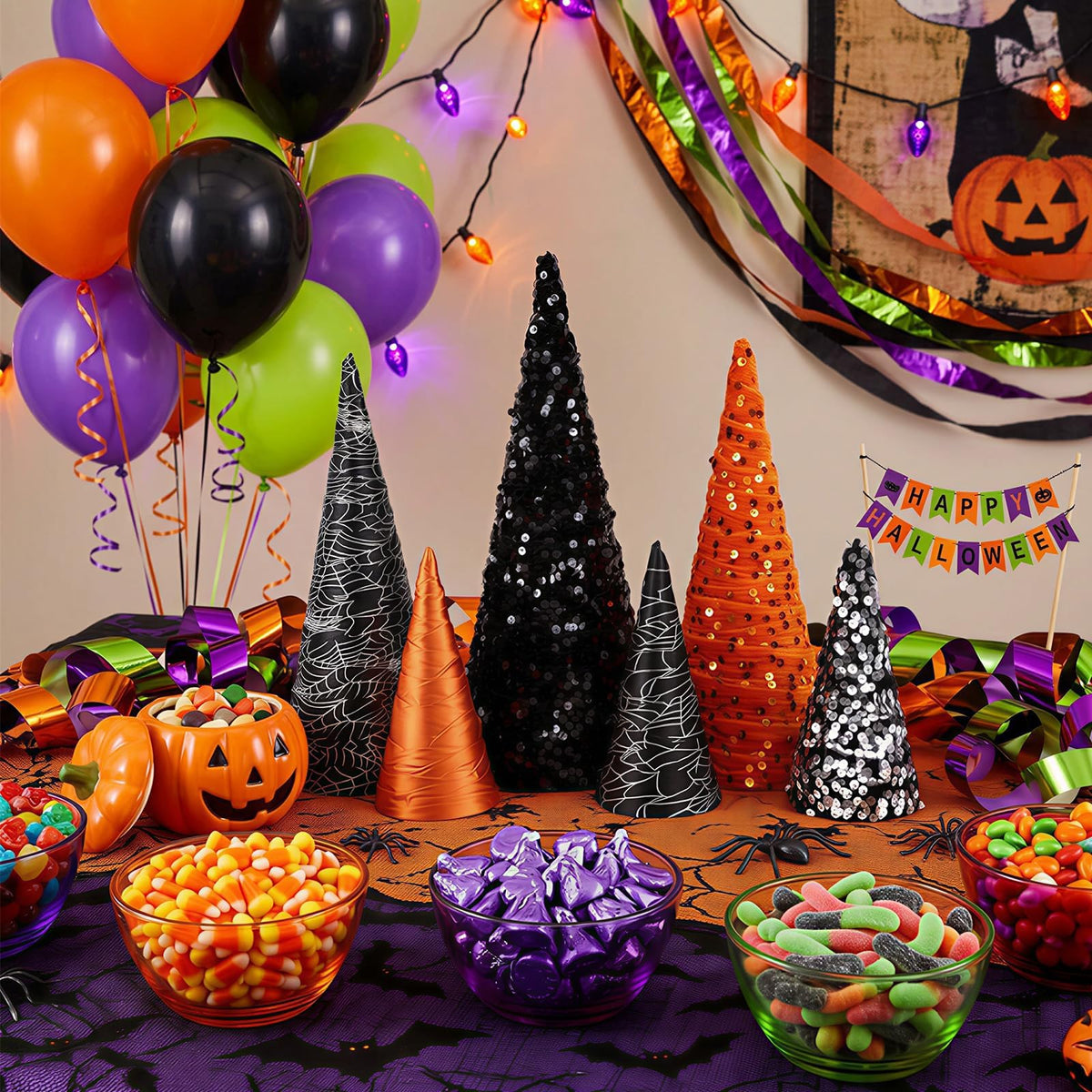 6 PCS 12" 10" 6" Cone Tree Decorations Halloween Sequin Satin Table Centerpieces Decor Black Orange Spider Web Halloween Tiered Tray Ornament Xmas Tree for Home Entryway Tabletop Centerpiece Decor
