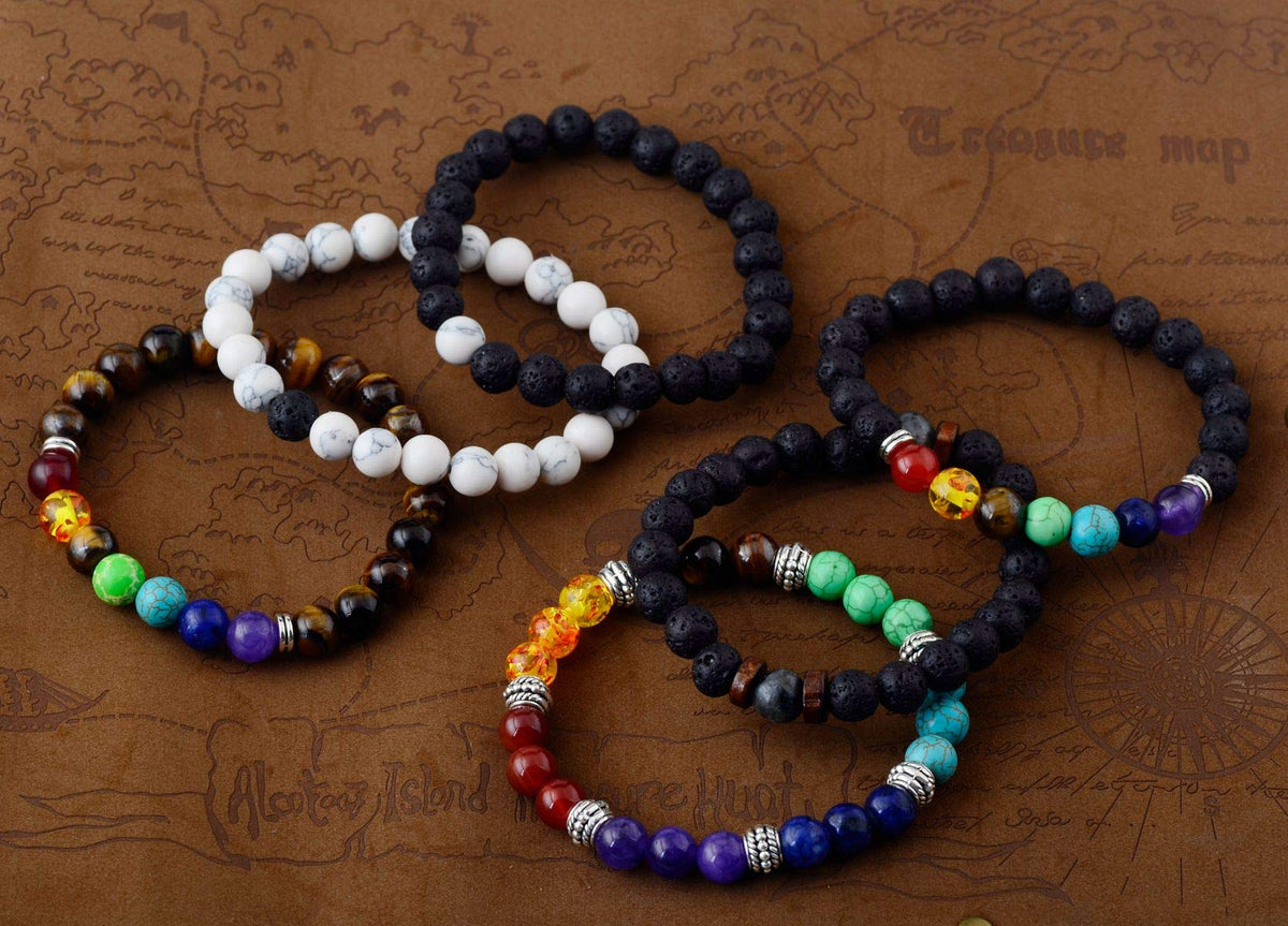 Black Lava Stone 7 Chakra Bracelets 6pcs mix 8mm Yinyang Rock Bead Elastic Natural Stones Gemstones Oil Diffuser Yoga Menditation Beads Bracelets for Men Women Jewelry (6pcs Lava Stone Bracelet)