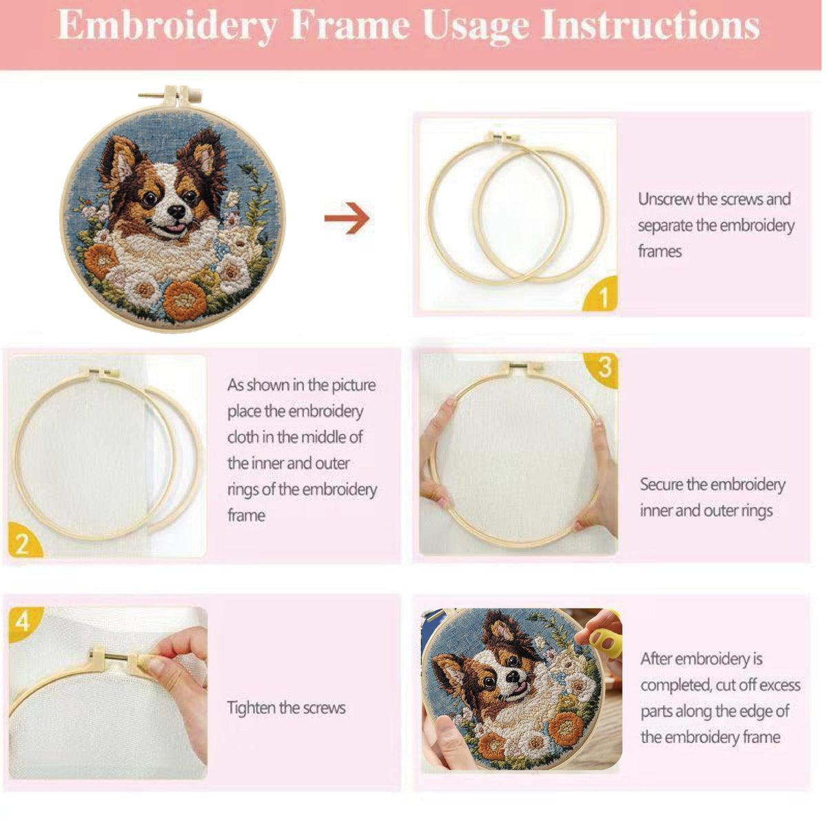 HCANPER Cute Dog Embroidery Starter Kit,DIY Needle Punch Kit, Punch Needle Kits for Beginners,Include Pre-Printed Fabric,Tools,Embroidery Hoop,Threads,Easy for Adults and Children. (Pink)