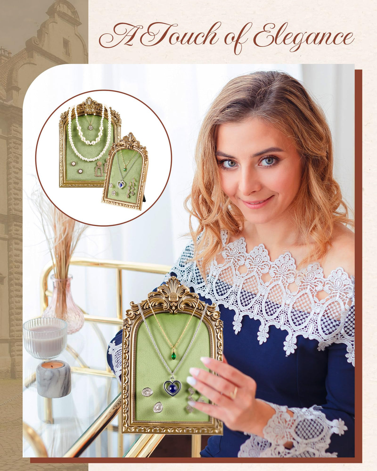 Wonderjune 2 Pcs Gold Jewelry Display Stand Vintage Necklace Organizer Ring Holder Earring Tray Resin Jewelry Photography Props Frame with Velvet Backing for Gifts(Green,Large,Small,Elegant)