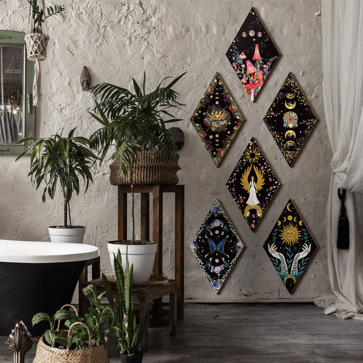 Qunclay 6 Pcs Witchy Gothic Wall Decor, Rustic Boho Moon Phase Sun Mushroom Star Hanging Wooden Ornament for Bedroom Living Room Gallery, Celestial Goth Home Decoration Farmhouse Pediments(Moon Sun)