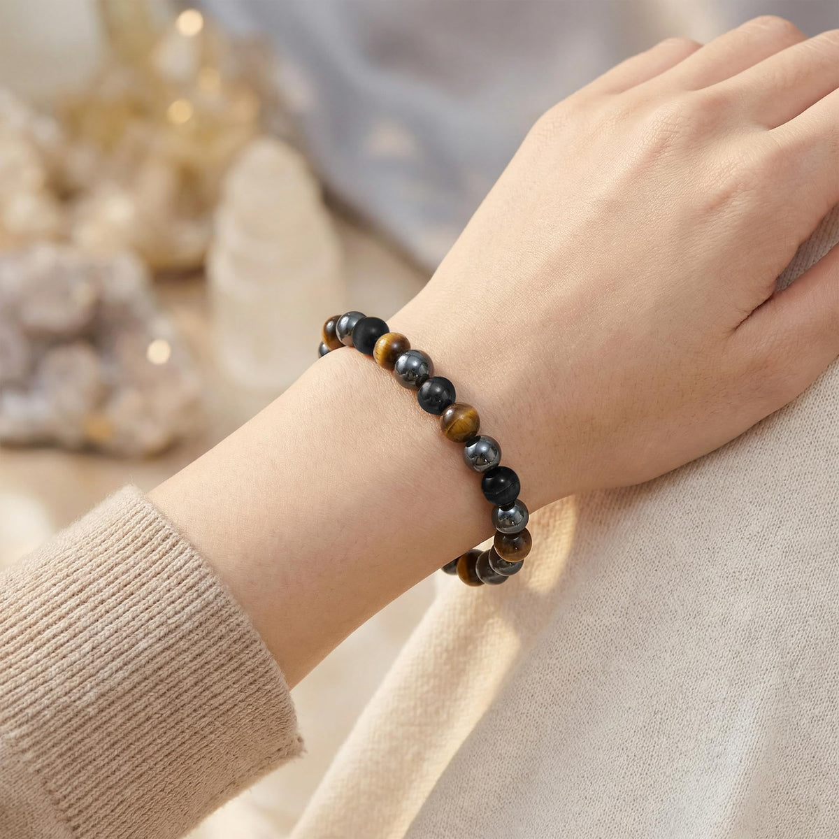 Bivei Triple Protection Bracelet, Strength Crystal Healing Bracelet 8MM with Obsidian & Hematite & Tiger Eye - Spiritual Stretch Beaded Jewelry for Women Men Gift